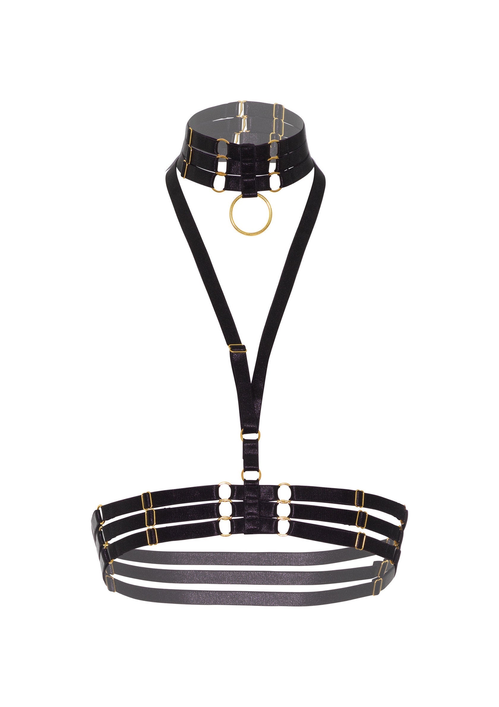 Harnais noir élégant avec choker. Accessoire de mode féminine pour un look audacieux.; Elegante zwarte harness met choker. Vrouwelijk modeaccessoire voor een gedurfde look.; Elegant black harness with choker. Women's fashion accessory for a bold look.
