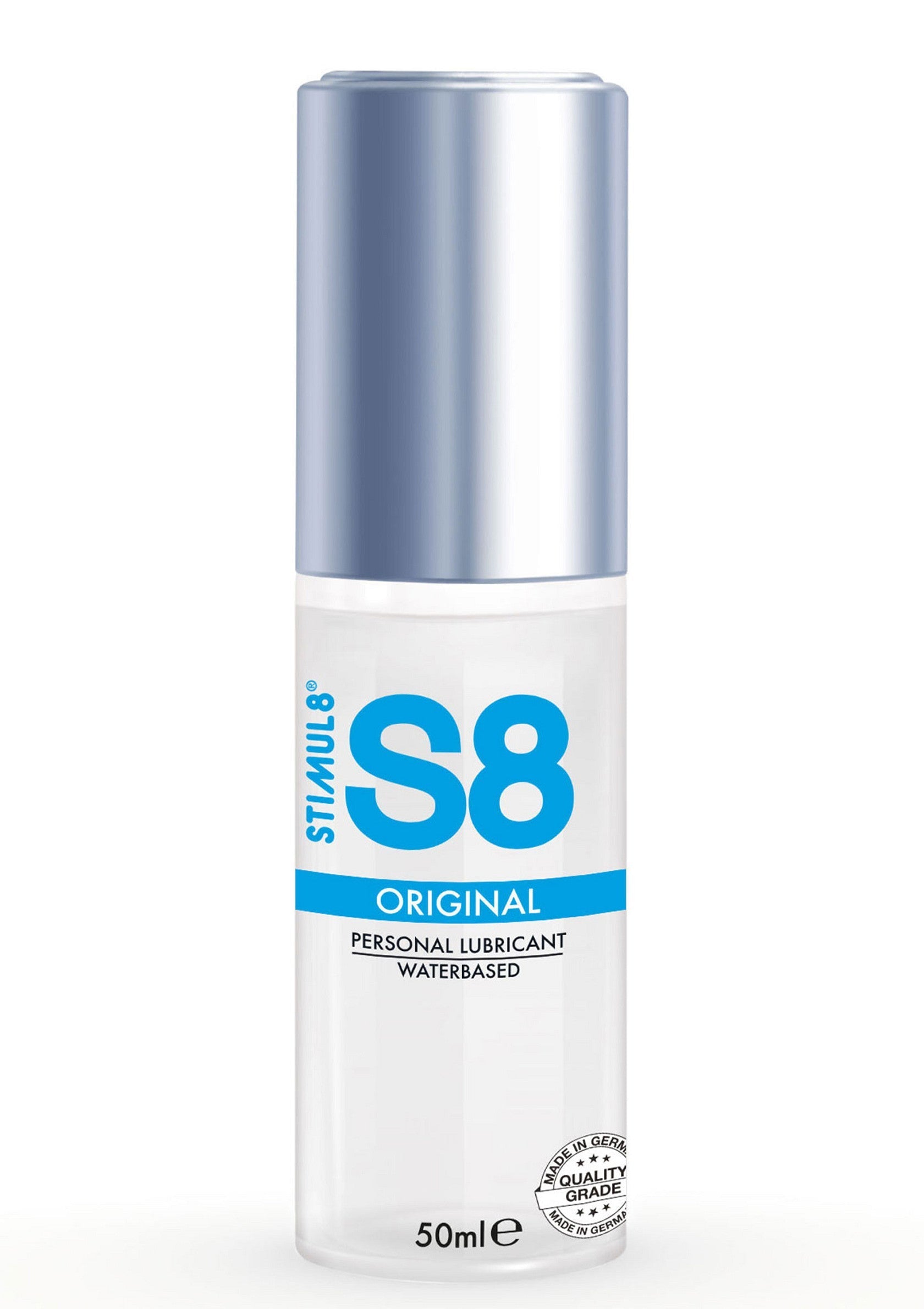 Lubrifiant personnel à base d'eau S8 Original Stimul8. Profitez d'une douceur et d'un confort exceptionnels. 50ml.; Stimul8 S8 Original glijmiddel op waterbasis. Geniet van uitzonderlijke gladheid en comfort. 50ml.; Stimul8 S8 Original water-based personal lubricant. Enjoy exceptional smoothness and comfort. 50ml.