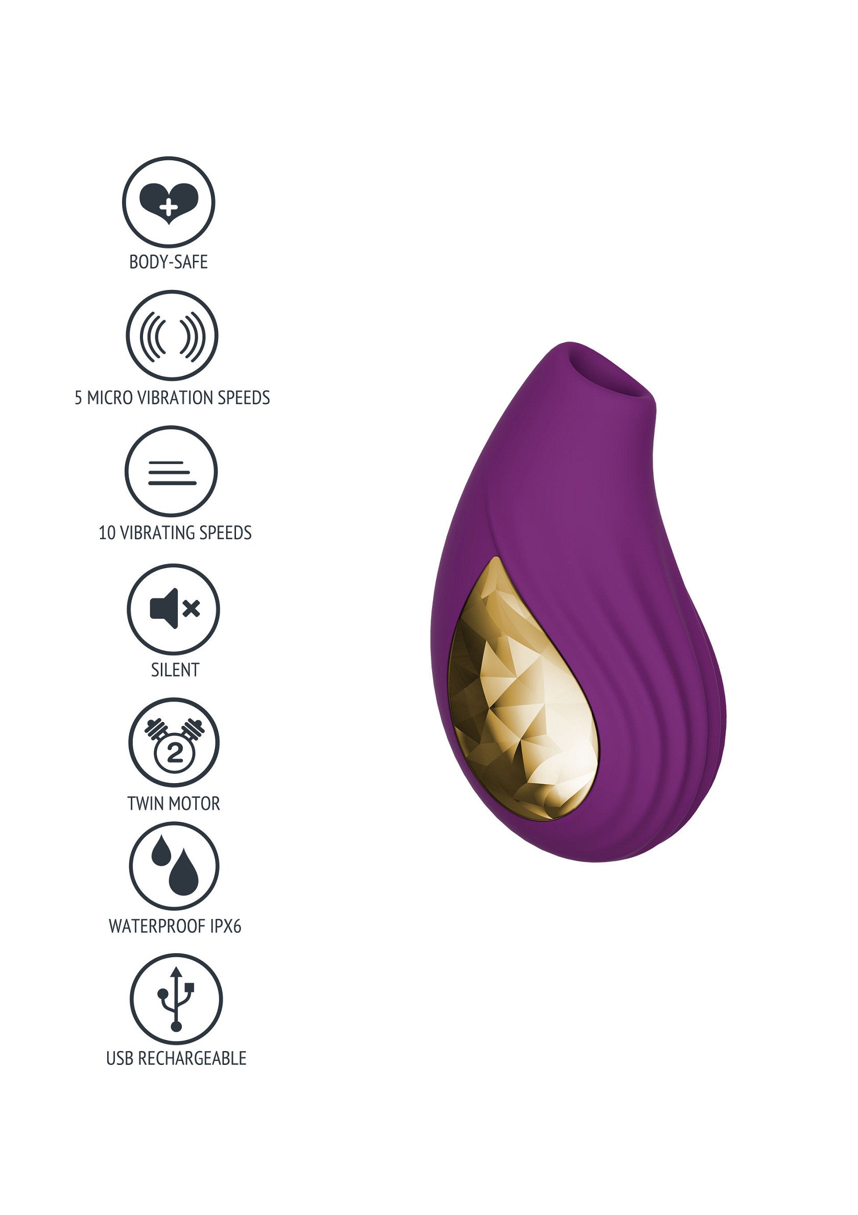 Vibrateur clitoridien de luxe violet et doré. 10 vitesses, silencieux, étanche, rechargeable USB. Idéal pour le plaisir féminin.; Luxe paarse & gouden clitoris vibrator. 10 standen, stil, waterdicht, USB oplaadbaar. Ideaal voor vrouwelijk genot.; Luxury purple & gold clitoral vibrator. 10 speeds, silent, waterproof, USB rechargeable. Ideal for female pleasure.