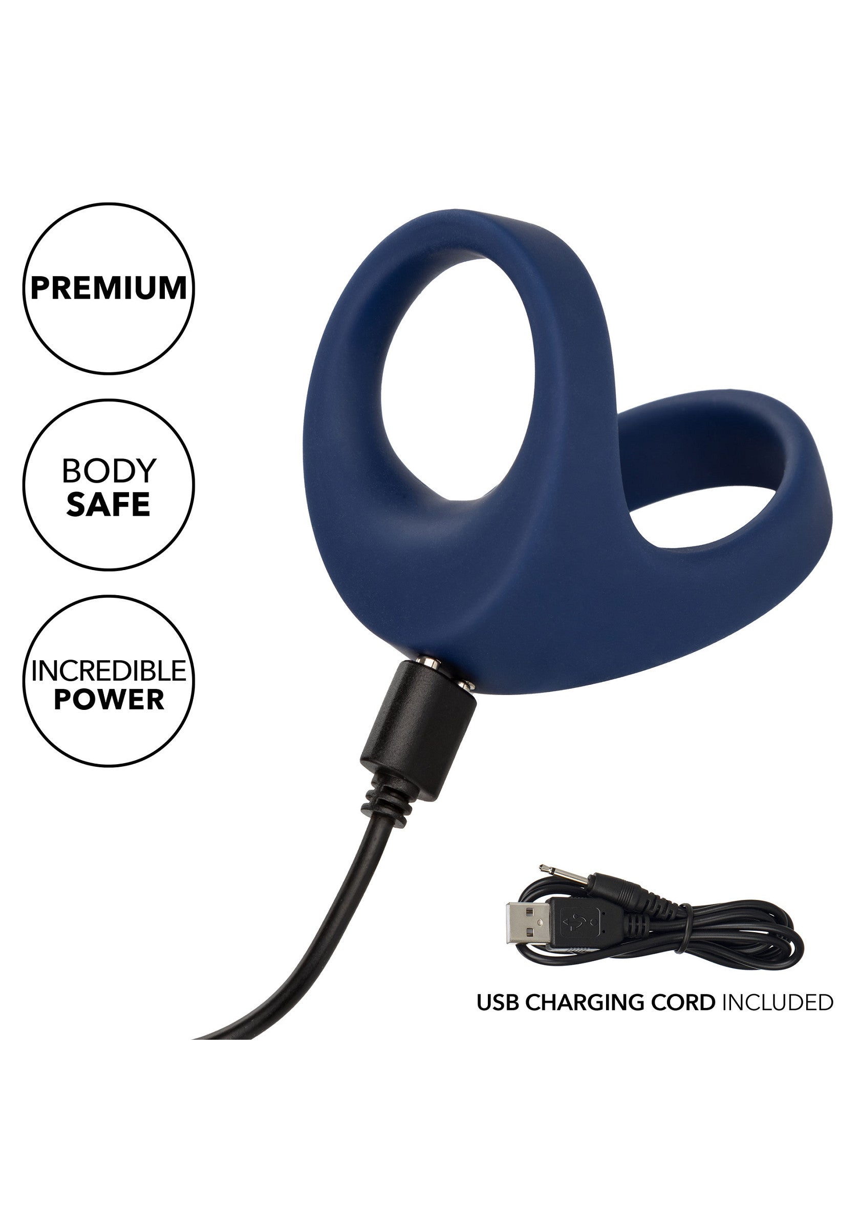 Anneau vibrant rechargeable, pour des sensations intenses. Matériau sûr pour le corps et câble USB inclus.; Oplaadbare vibrerende penisring voor intense gevoelens. Lichaamsveilig materiaal en USB-kabel inbegrepen.; Rechargeable vibrating cock ring for intense sensations. Body-safe material and USB charging cable included.