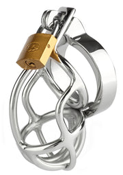 Cage de chasteté métallique avec cadenas doré pour une sécurité maximale.; Metalen kuisheidskooi met gouden slot voor maximale veiligheid.; Metal chastity cage with golden padlock for maximum security.