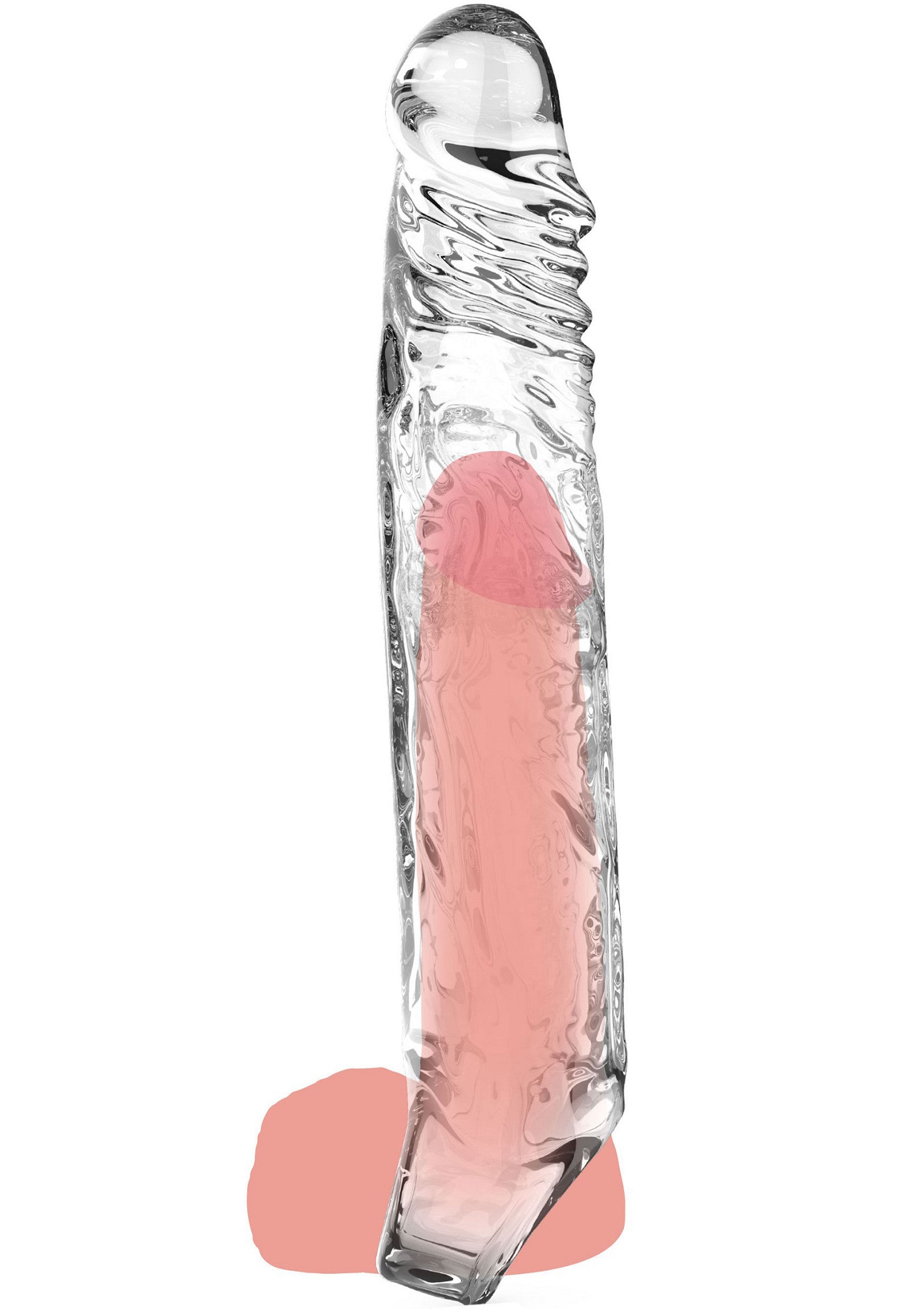 Gode en verre texturé avec insert rose pour des plaisirs uniques.; Getextureerde glazen dildo met roze inzetstuk voor uniek genot.; Textured glass dildo with pink insert for unique pleasure.