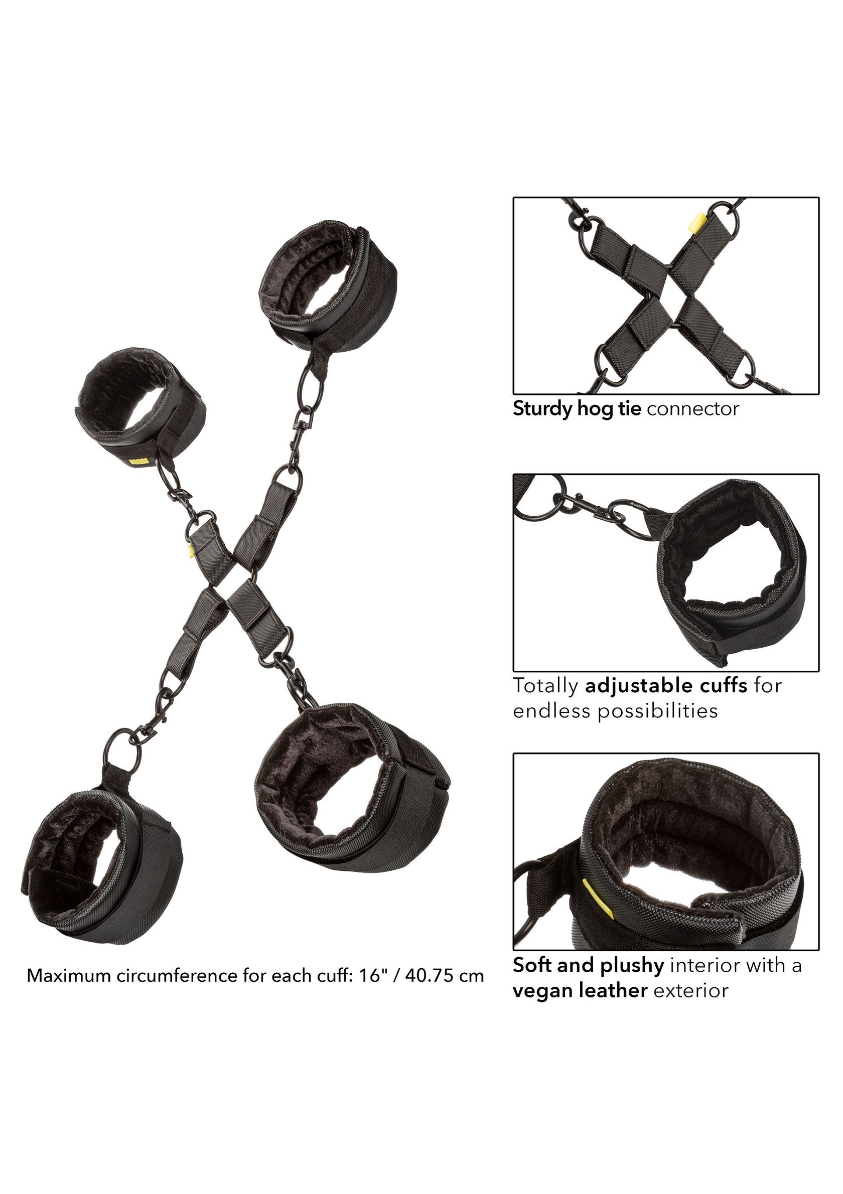 Menottes et chevillières avec intérieur doux et extérieur en cuir vegan, ajustables.; Handboeien en enkelboeien met zachte binnenkant en vegan lederen buitenkant, verstelbaar.; Bondage cuffs and ankle restraints with soft interior and vegan leather exterior, adjustable.