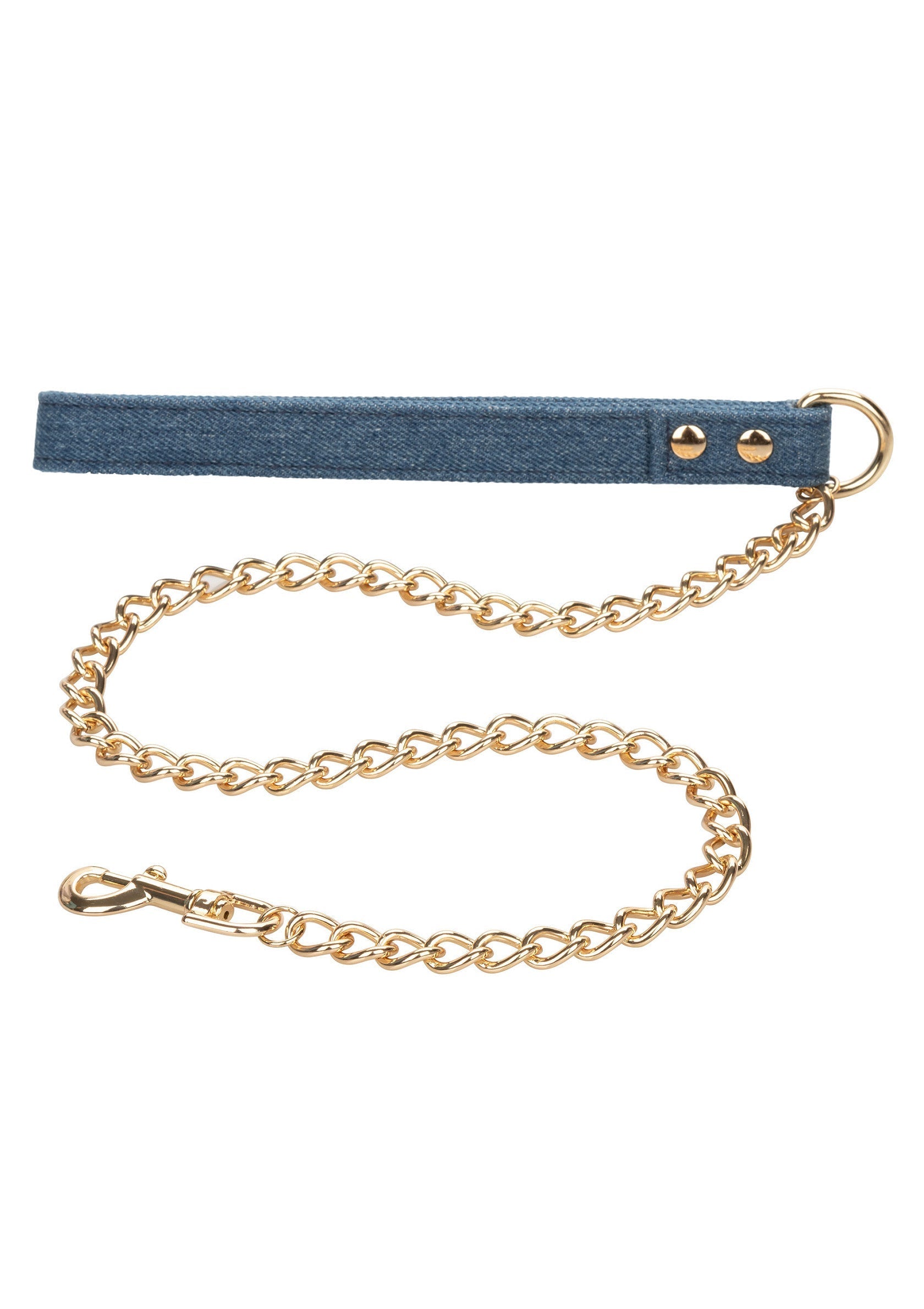 Laisse pour chien en jean et chaîne dorée.; Hondenriem van denim en gouden ketting.; Denim dog leash with gold chain.