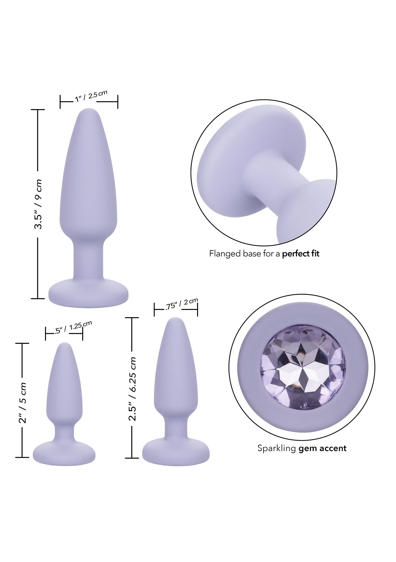 Plug anal lilas avec base évasée et accent de gemme étincelante pour le plaisir.; Lila buttplug met uitlopende basis en sprankelend edelsteen accent voor genot.; Lilac butt plug with flared base and sparkling gem accent for pleasure.