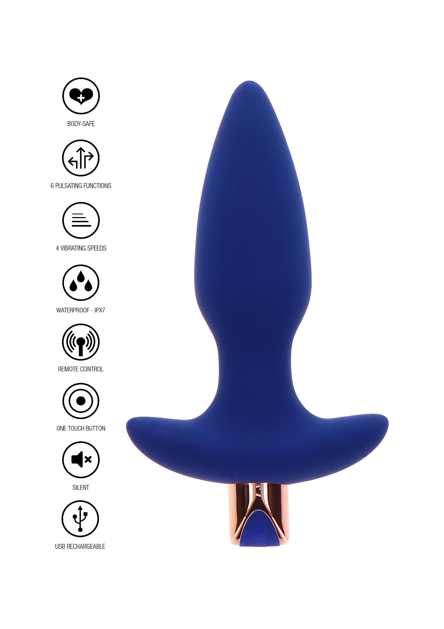 Plug anal vibrant bleu avec télécommande, rechargeable USB, plusieurs modes de vibration. ; Blauwe vibrerende anaalplug met afstandsbediening, USB oplaadbaar, meerdere vibratiestanden.; Blue vibrating anal plug with remote control, USB rechargeable, multiple vibration modes.