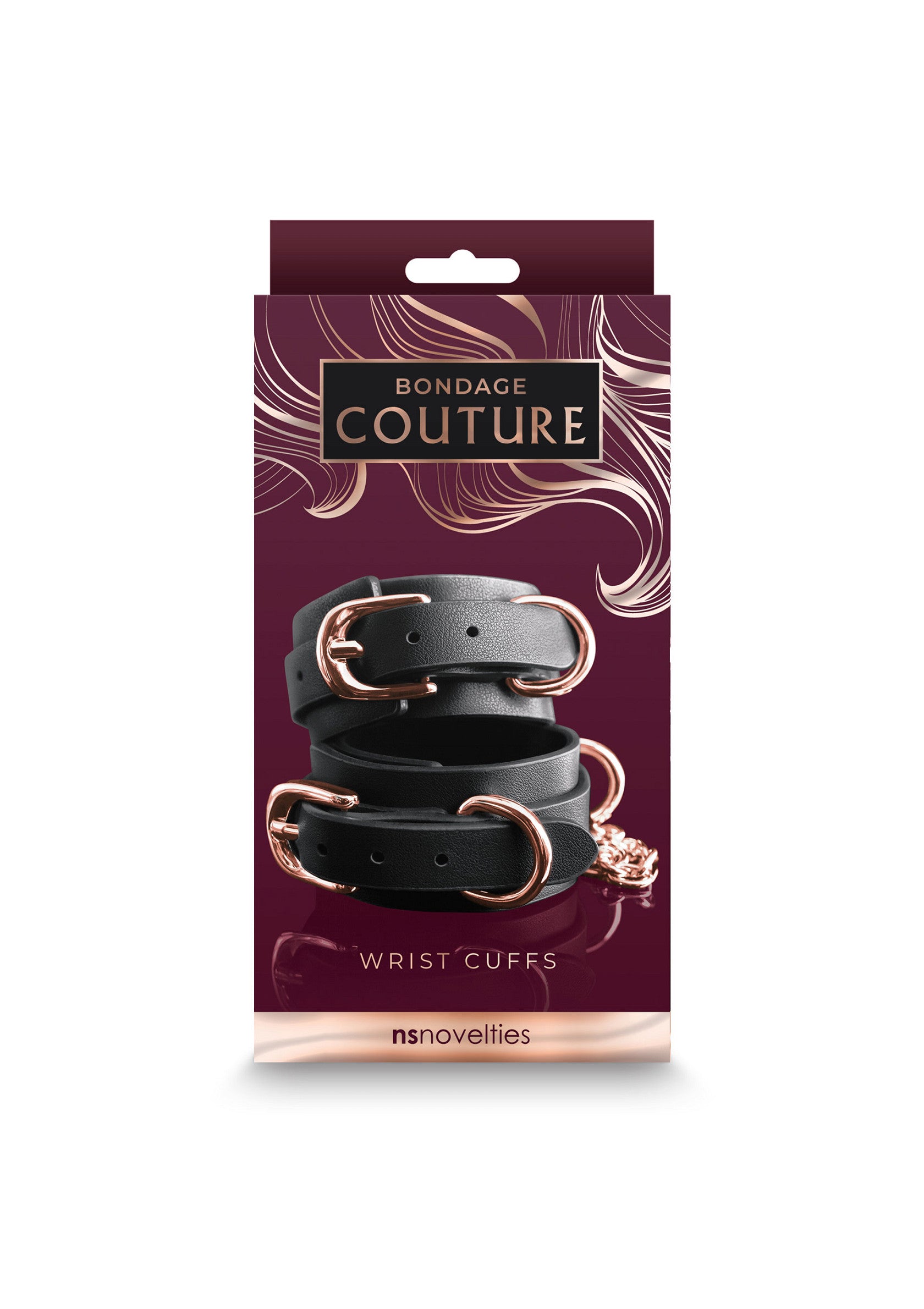 Menottes de poignet Bondage Couture élégantes, avec boucles dorées. Accessoire de jeu de rôle sophistiqué pour pimenter votre vie amoureuse.; Elegante Bondage Couture polsboeien met gouden gespen. Verfijnde rollenspel accessoire om je liefdesleven mee op te fleuren.; Elegant Bondage Couture wrist cuffs with gold buckles. Sophisticated role play accessory to spice up your love life.