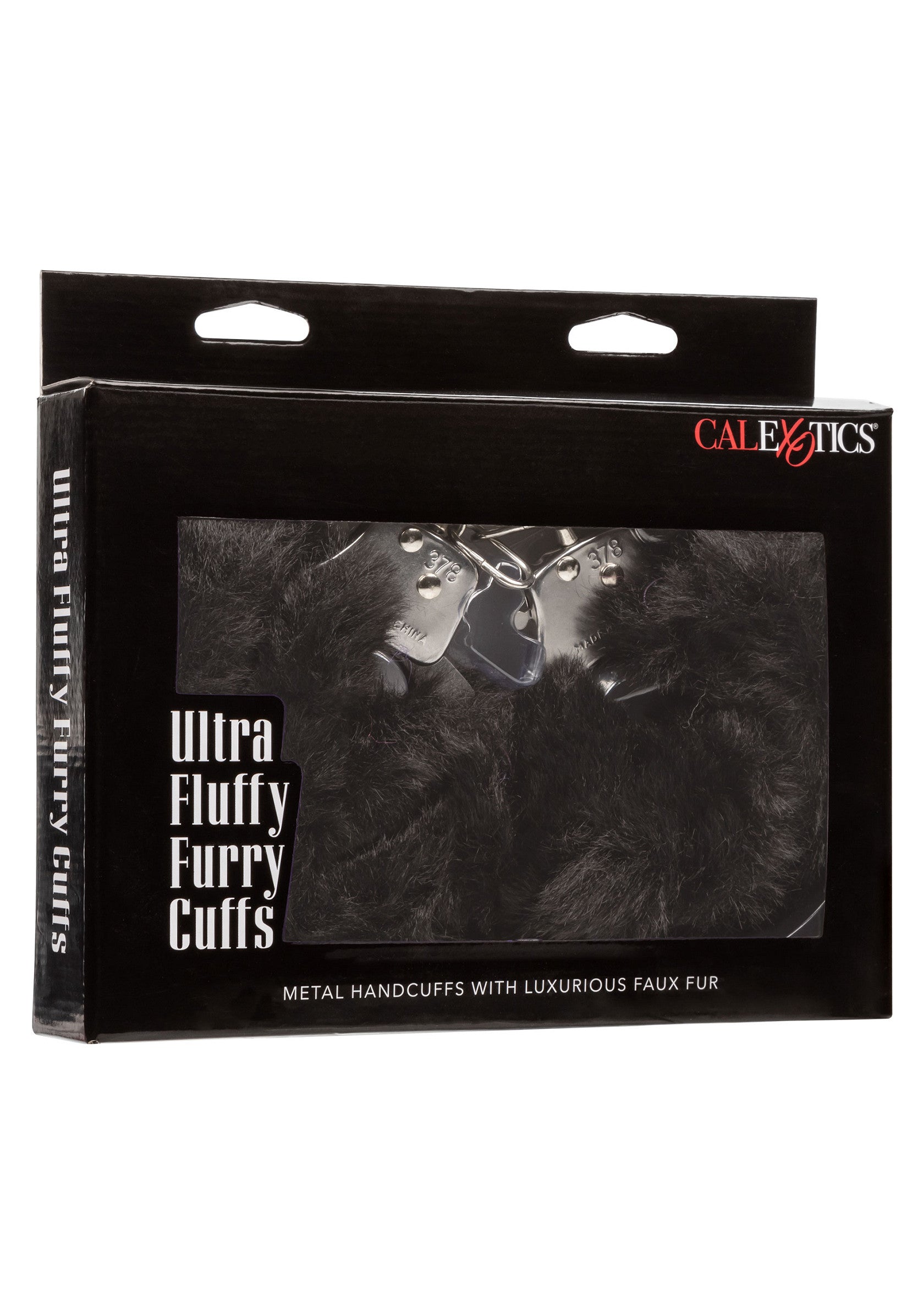 Menottes en métal avec fausse fourrure noire. Les "Ultra Fluffy Furry Cuffs" sont des accessoires coquins de CalExotics.; Metalen handboeien met zwarte nepbont. De "Ultra Fluffy Furry Cuffs" zijn sexy accessoires van CalExotics.; Metal handcuffs with black faux fur. The "Ultra Fluffy Furry Cuffs" are sexy accessories by CalExotics.