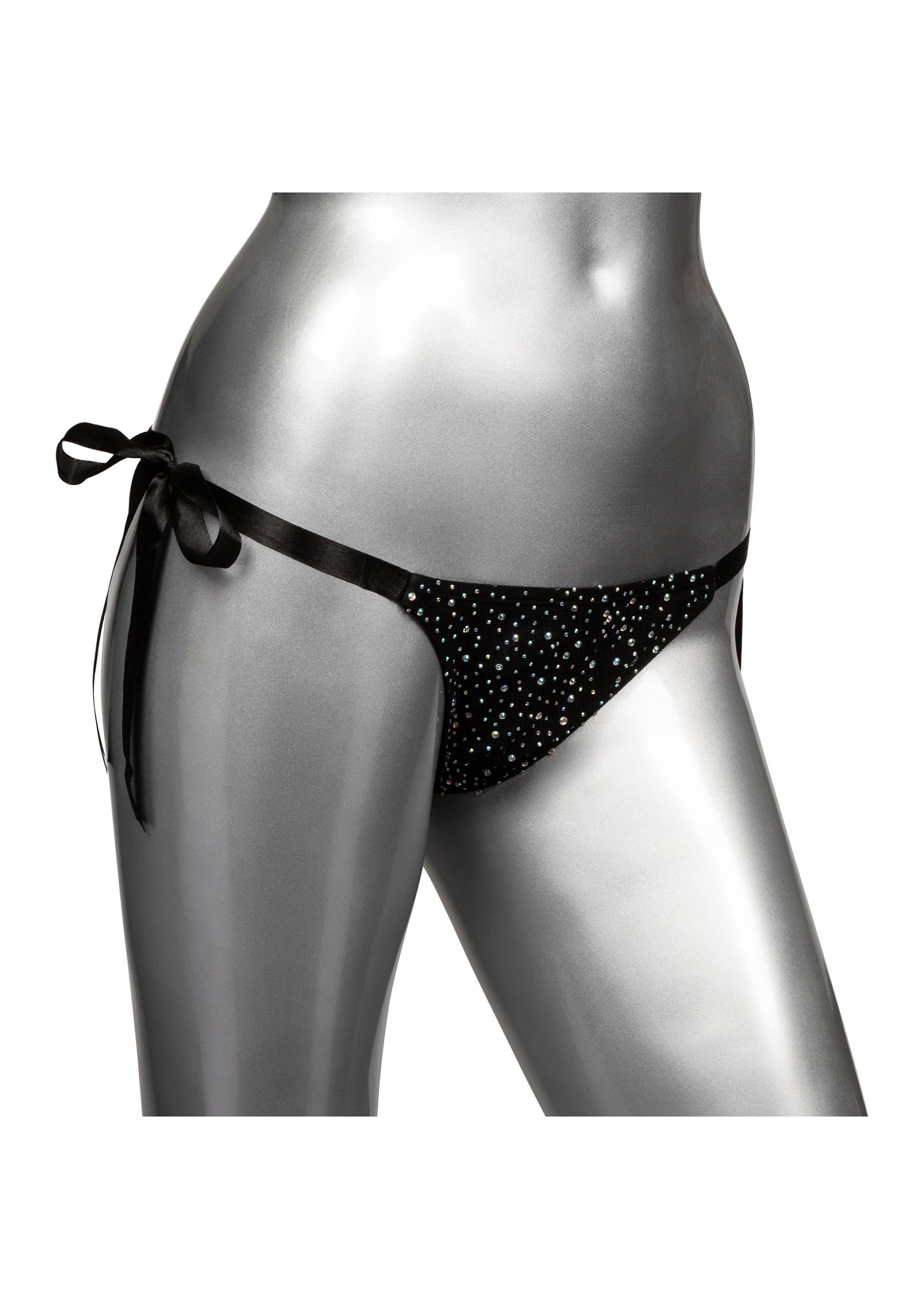 Culotte noire à pois avec des rubans à nouer sur les côtés. Lingerie féminine élégante et confortable.; Zwarte slip met stippen en linten om aan de zijkanten te strikken. Elegante en comfortabele dameslingerie.; Black polka dot panty with ribbon ties on the sides. Elegant and comfortable women's lingerie.