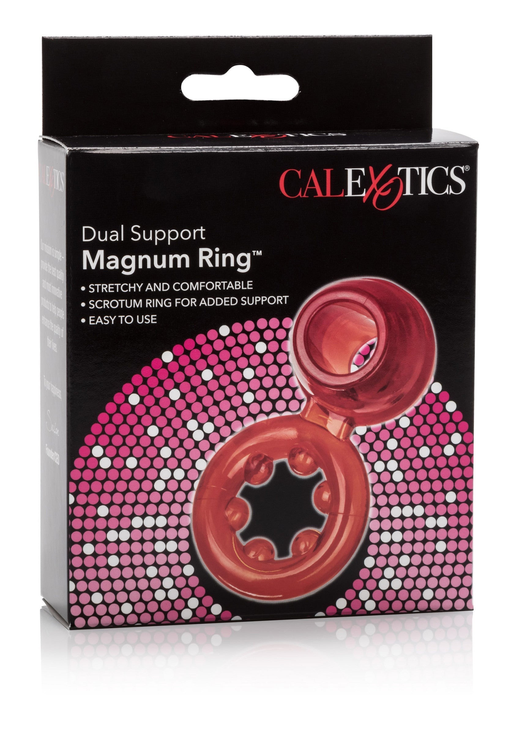 CalExotics Dual Support Magnum Ring™ pour plus de confort et de soutien. Facile à utiliser. Soutien double pour une expérience unique.; CalExotics Dual Support Magnum Ring™ voor comfort en ondersteuning. Makkelijk in gebruik. Dubbele steun voor een unieke ervaring.; CalExotics Dual Support Magnum Ring™ for comfort and support. Easy to use. Dual support for a unique experience.