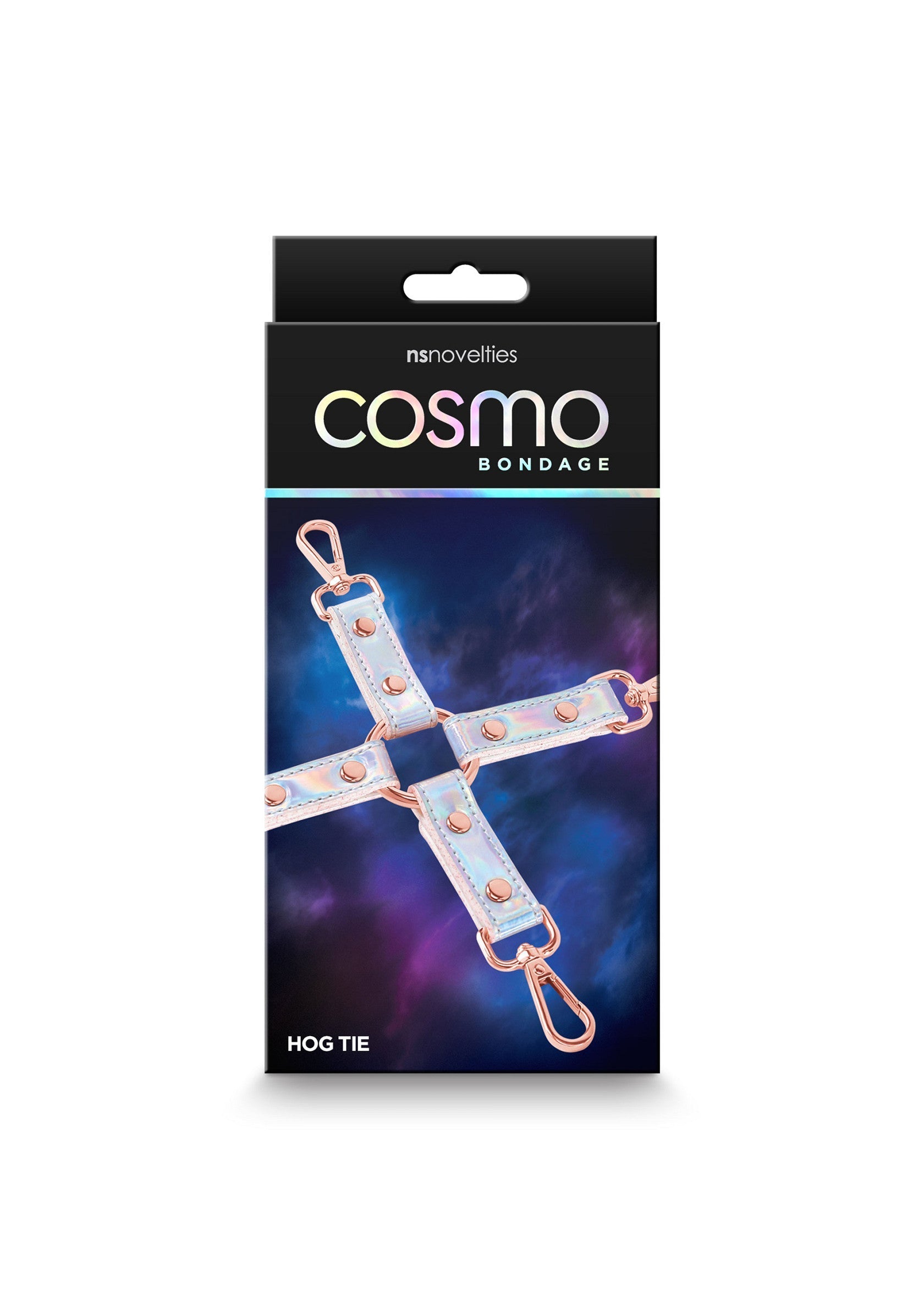 Cosmo Bondage Hog Tie. Accessoire de bondage holographique pour des jeux coquins et une soumission ultime.; Cosmo Bondage Hog Tie. Holografisch bondage-accessoire voor stout spel en ultieme onderwerping.; Cosmo Bondage Hog Tie. Holographic bondage accessory for kinky play and ultimate submission.