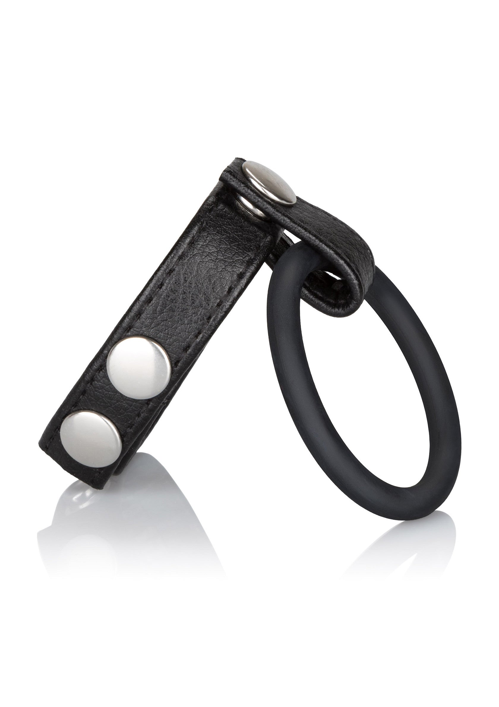 Anneau pénien noir en silicone avec sangle en cuir ajustable. Plaisir intense garanti !; Zwarte penisring van siliconen met verstelbare leren band. Gegarandeerd intens plezier!; Black silicone cock ring with adjustable leather strap. Guaranteed intense pleasure!