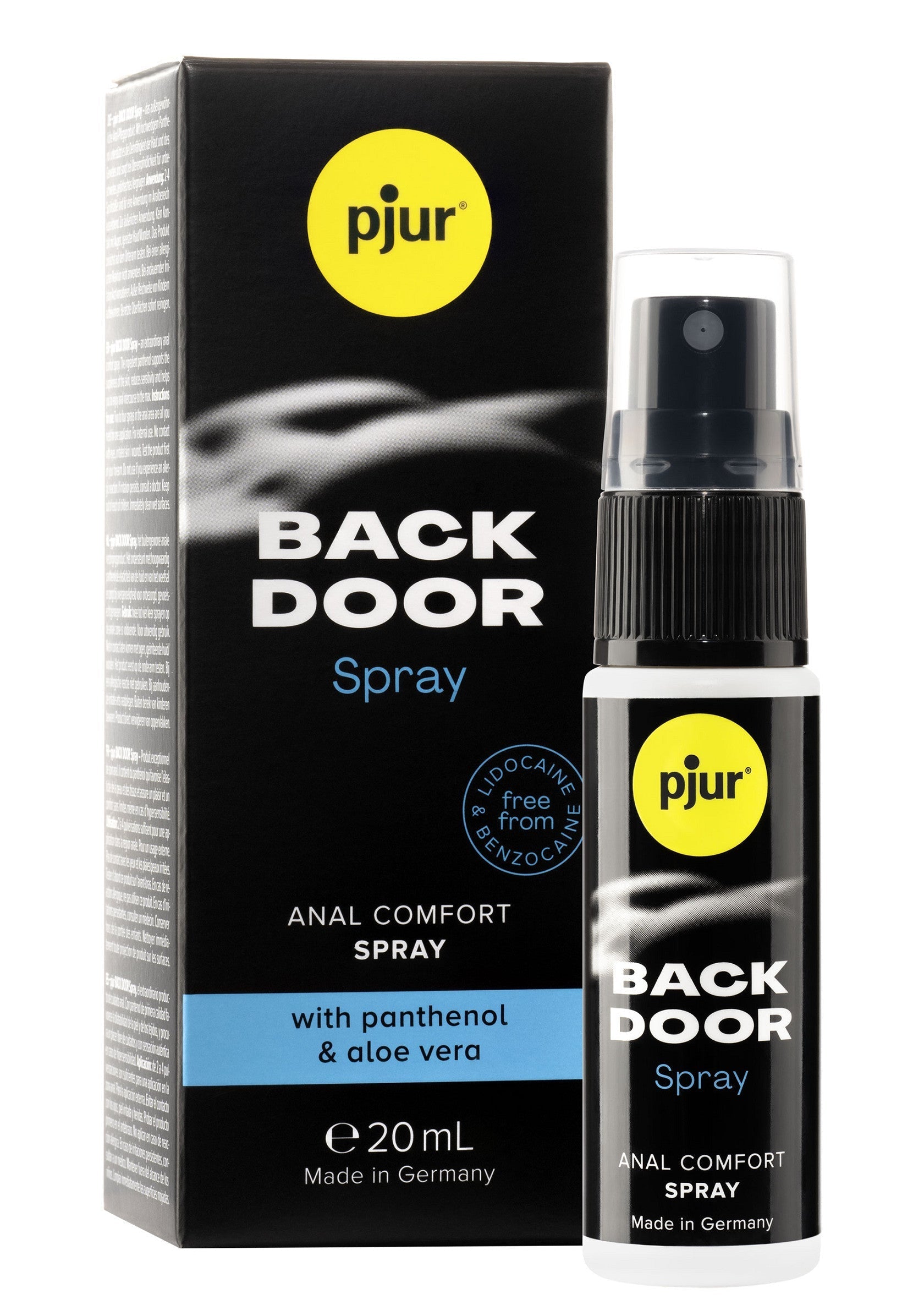 Pjur Back Door Spray anal confort. Spray anal confort avec panthénol et aloe vera. Sans lidocaïne ni benzocaïne. 20ml.; Pjur Back Door Spray anaal comfort. Anaal comfort spray met panthenol en aloë vera. Zonder lidocaïne en benzocaïne. 20ml.; Pjur Back Door anal comfort spray. Anal comfort spray with panthenol & aloe vera. Free from lidocaine & benzocaine. 20ml.
