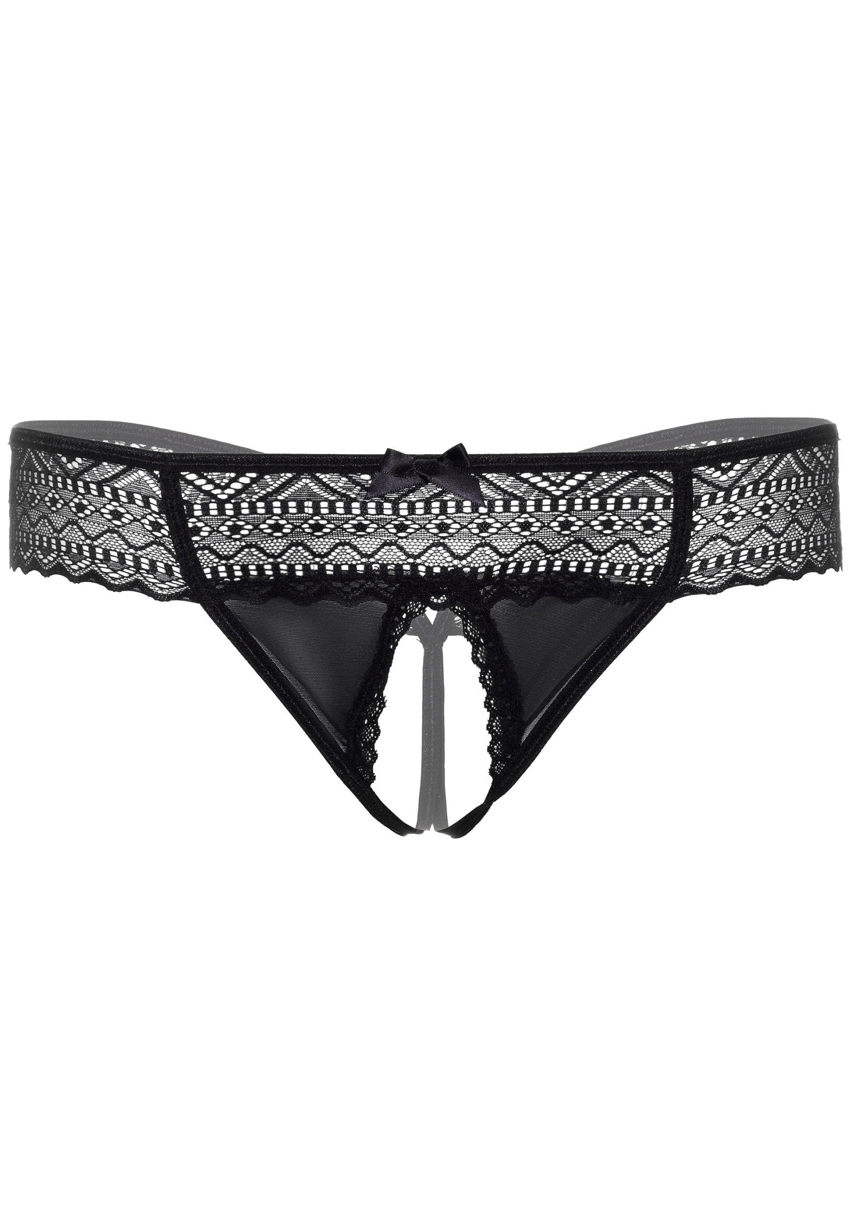 String ouvert noir en dentelle florale. Lingerie coquine pour pimenter votre vie amoureuse. ; Zwarte string met open kruis en bloemenkant. Sexy lingerie om je liefdesleven pittiger te maken.; Black open crotch string with floral lace. Naughty lingerie to spice up your love life.