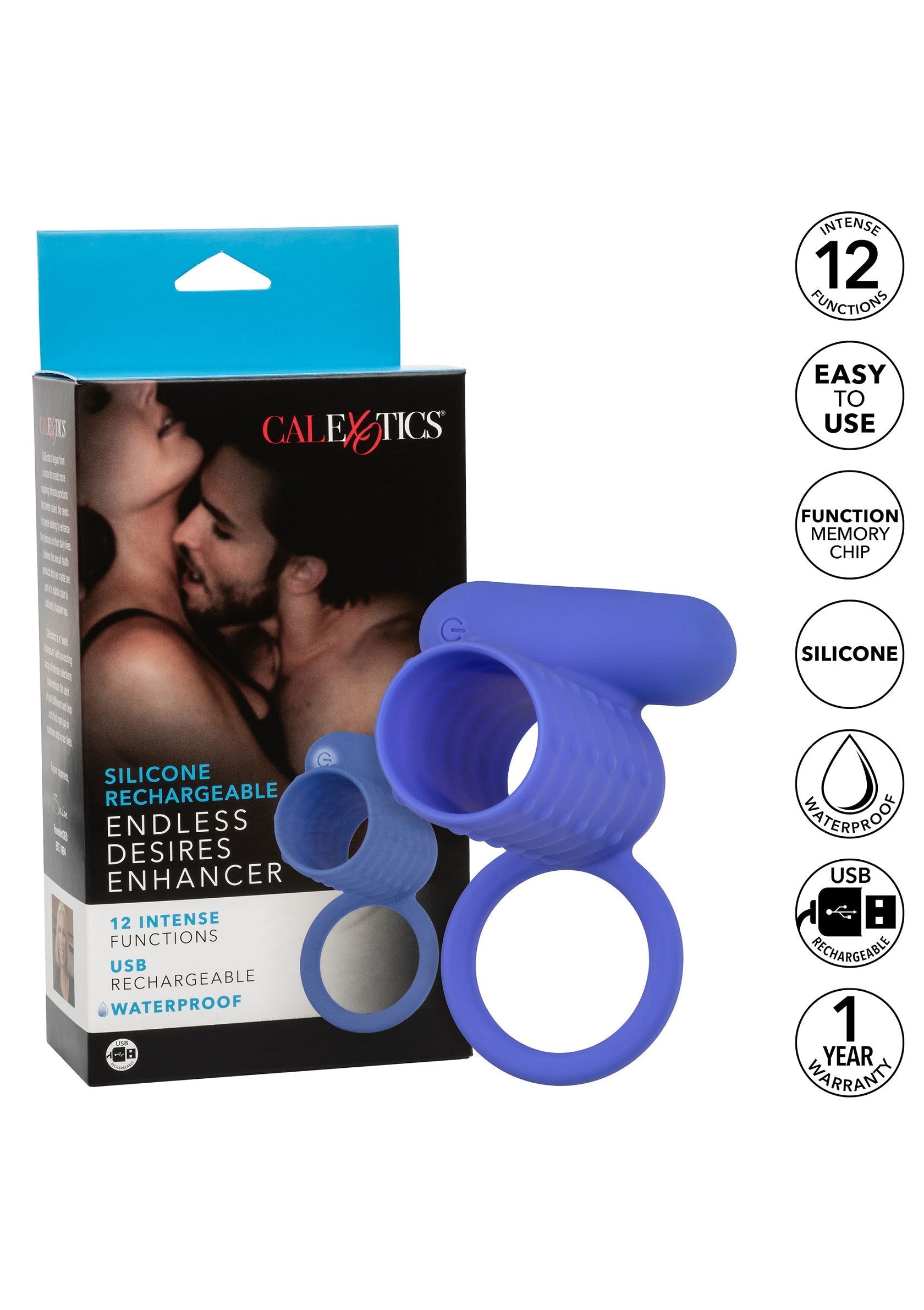 CalExotics Endless Desires Enhancer : anneau pénien vibrant rechargeable, 12 fonctions, silicone, étanche. Intensifiez le plaisir !; CalExotics Endless Desires Enhancer: oplaadbare vibrerende penisring, 12 functies, siliconen, waterdicht. Intens plezier!; CalExotics Endless Desires Enhancer: rechargeable vibrating cock ring, 12 functions, silicone, waterproof. Intensify pleasure!