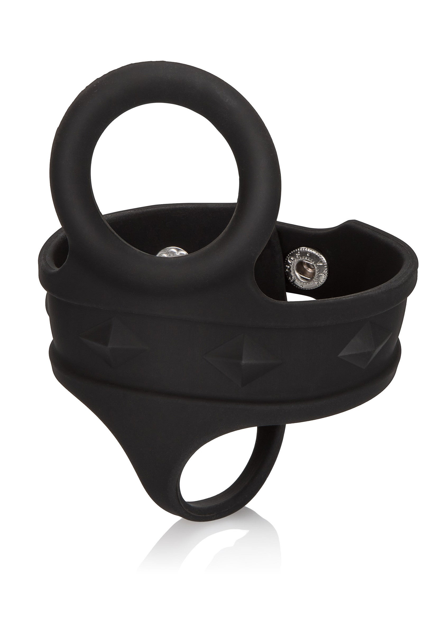 Anneau pénien noir avec anneau de maintien et boutons pression pour un ajustement parfait.; Zwarte penisring met houdring en drukknopen voor een perfecte pasvorm.; Black penis ring with support ring and snap buttons for a perfect fit.