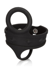 Anneau pénien noir avec anneau de maintien et boutons pression pour un ajustement parfait.; Zwarte penisring met houdring en drukknopen voor een perfecte pasvorm.; Black penis ring with support ring and snap buttons for a perfect fit.