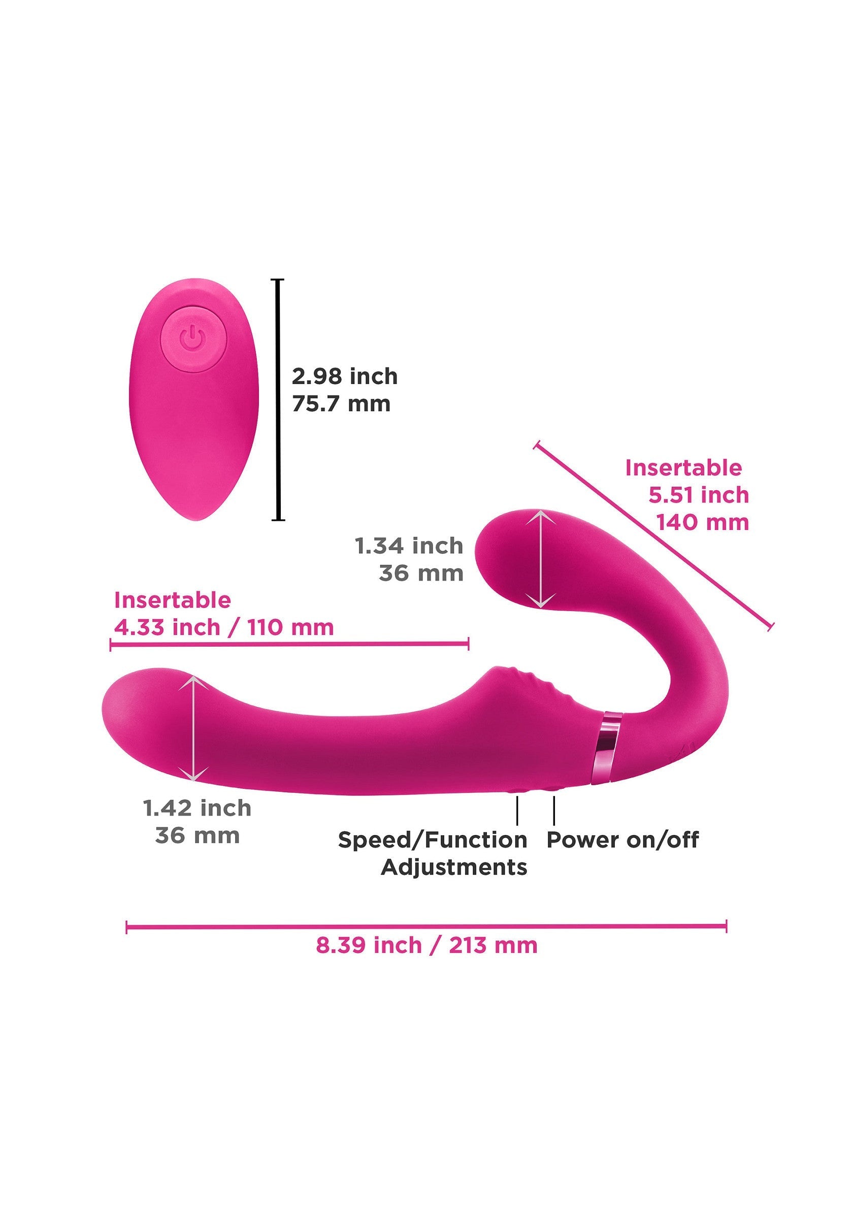 Vibrateur double vibrant rose avec télécommande et différentes tailles; Dubbel vibrerende roze vibrator met afstandsbediening en verschillende afmetingen; Dual vibrating pink vibrator with remote control and different sizes