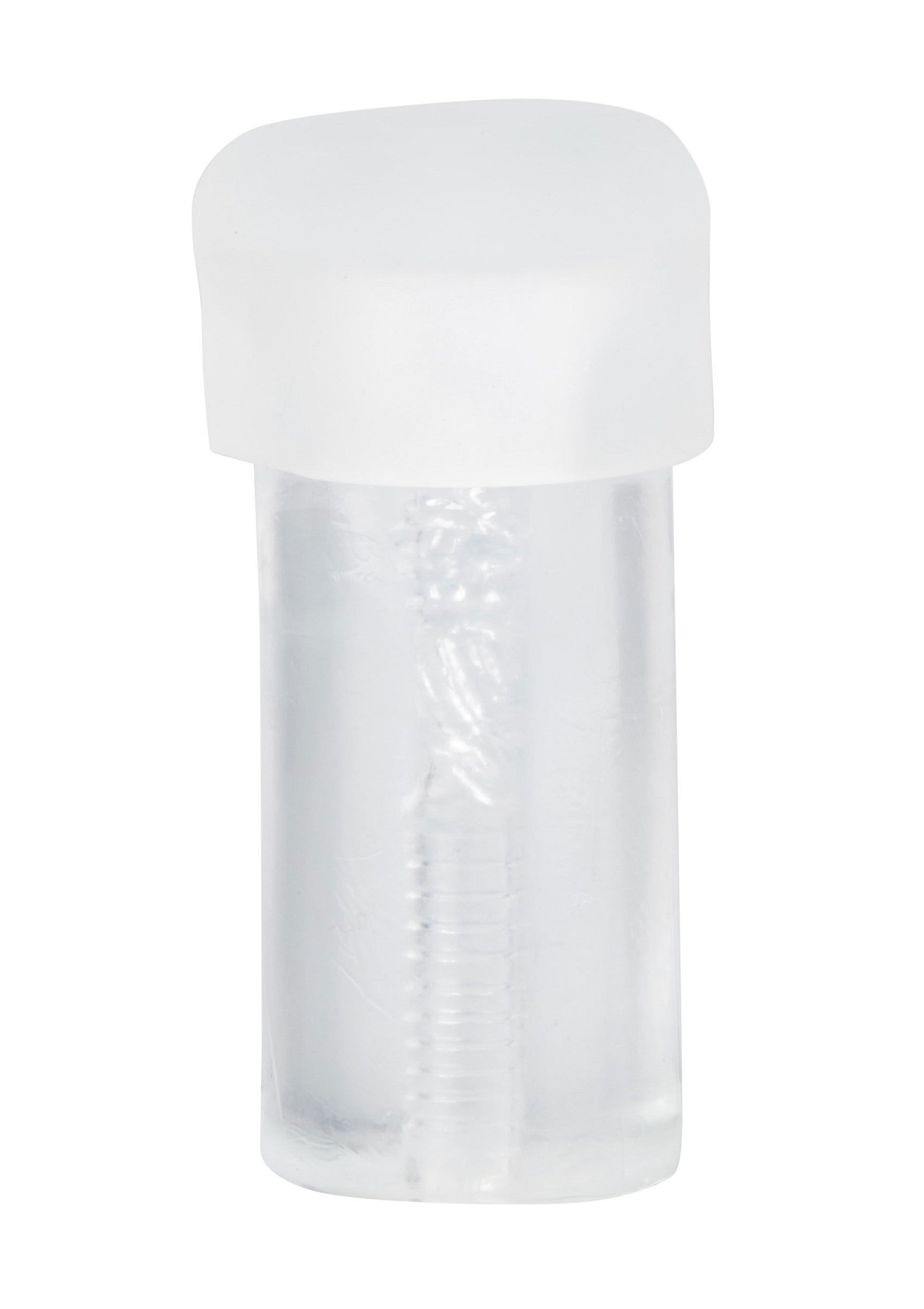 Gode transparent avec bouchon blanc, pour une expérience intime et stimulante.; Transparante toy met witte dop voor een stimulerende intieme ervaring.; Transparent toy with white cap for a stimulating intimate experience.