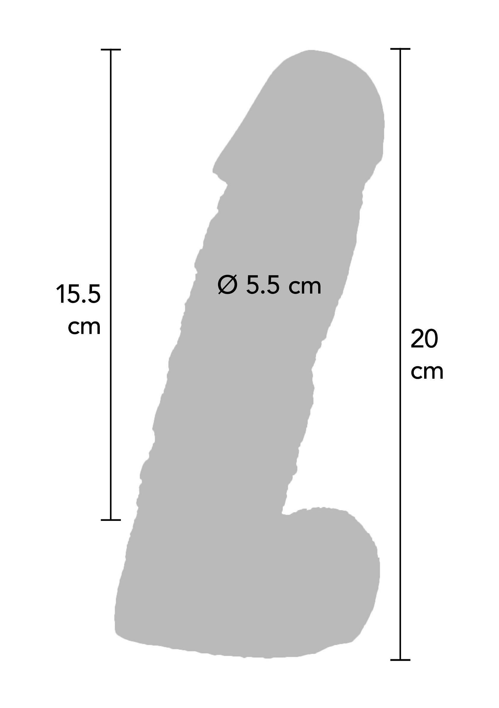 Schéma des dimensions d'un gode. Longueur totale de 20 cm et diamètre de 5,5 cm.; Diagram met de afmetingen van een dildo. Totale lengte 20 cm en diameter 5,5 cm.; Diagram with the dimensions of a dildo. Total length 20 cm and diameter 5.5 cm.