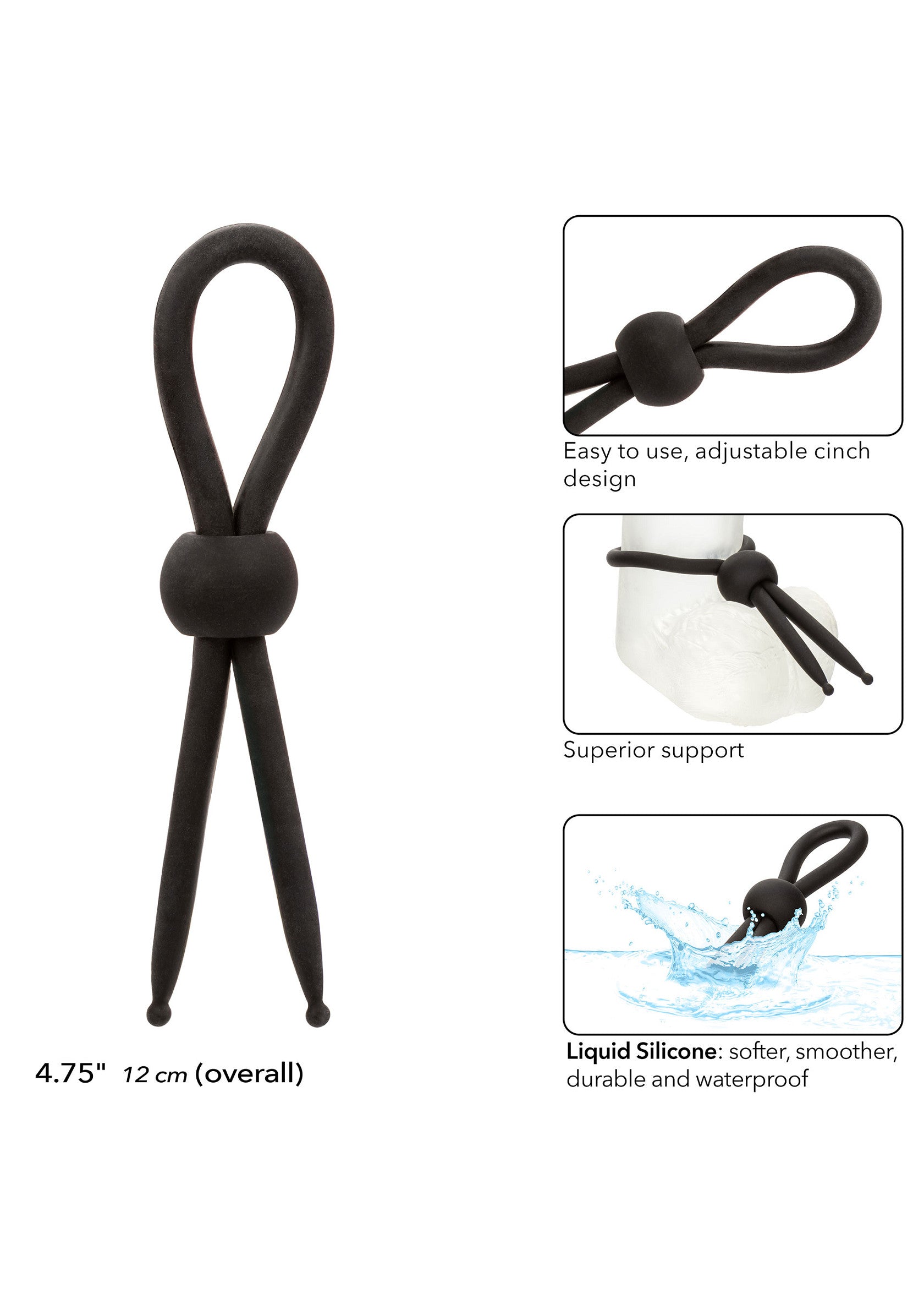 Anneau pénien réglable en silicone liquide. Facile à utiliser, étanche et durable. Soutien supérieur garanti!; Verstelbare penisring van vloeibare siliconen. Makkelijk in gebruik, waterdicht en duurzaam. Superieure ondersteuning gegarandeerd!; Adjustable liquid silicone cock ring. Easy to use, waterproof, and durable. Superior support guaranteed!