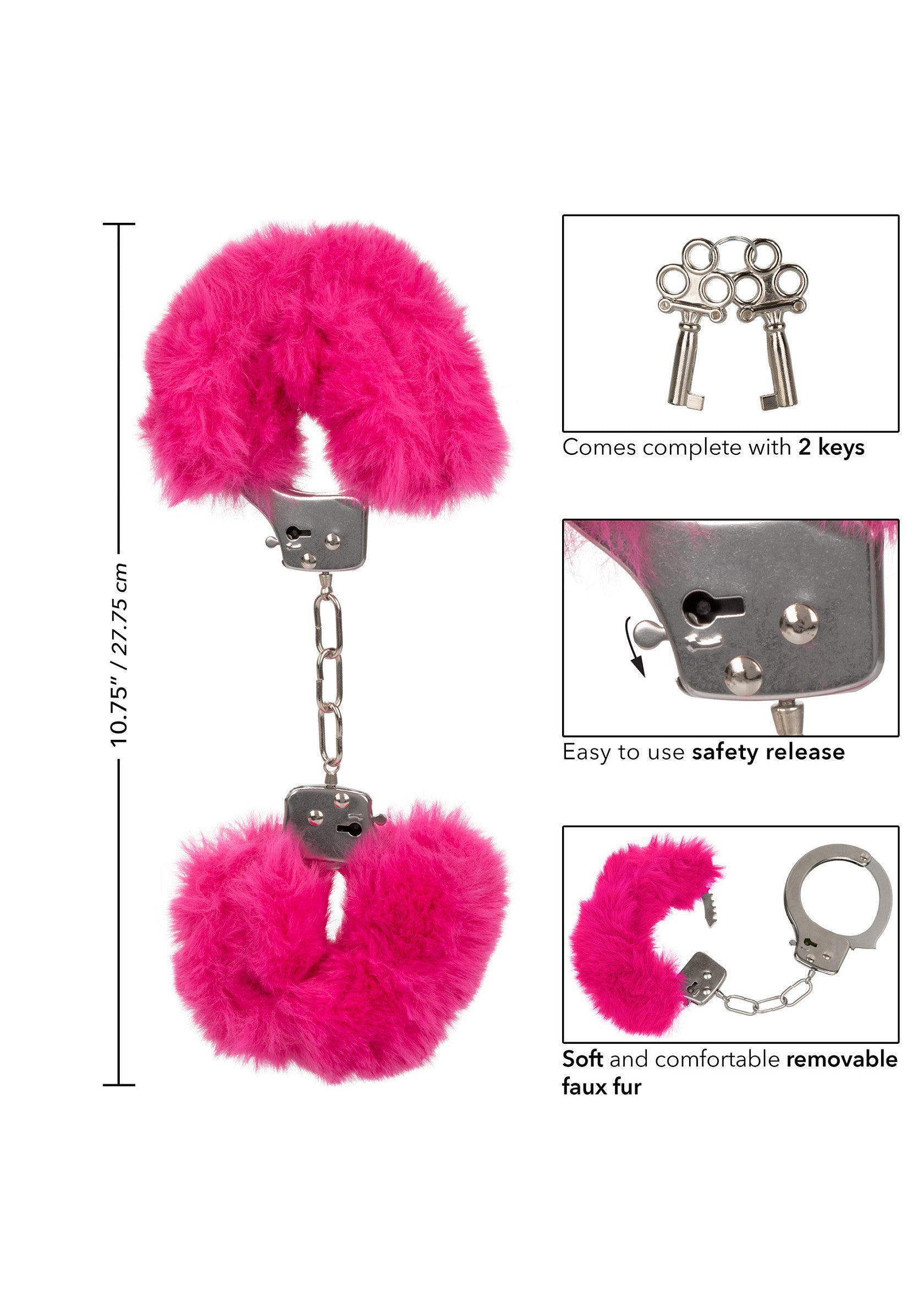 Menottes en fausse fourrure rose, douces et confortables. Livrées avec 2 clés et un système de sécurité facile à utiliser.; Roze, zachte en comfortabele handboeien van imitatiebont. Compleet met 2 sleutels en een gebruiksvriendelijke veiligheidsontgrendeling.; Pink faux fur handcuffs, soft and comfortable. Comes complete with 2 keys and an easy-to-use safety release.
