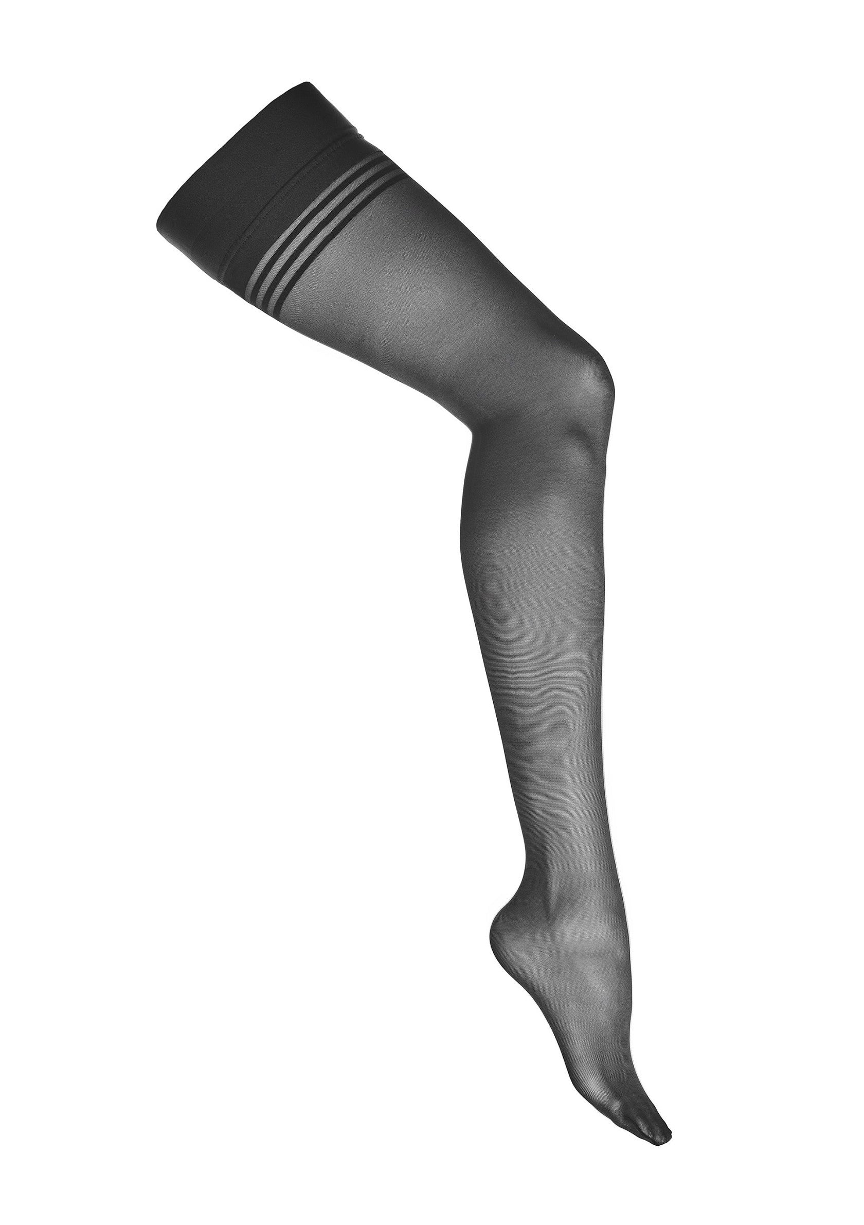 Bas autofixants noirs, élégants et confortables. Parfaits pour toutes les occasions.; Elegante, comfortabele zwarte kousenbanden. Perfect voor elke gelegenheid.; Elegant, comfortable black hold-ups. Perfect for any occasion.