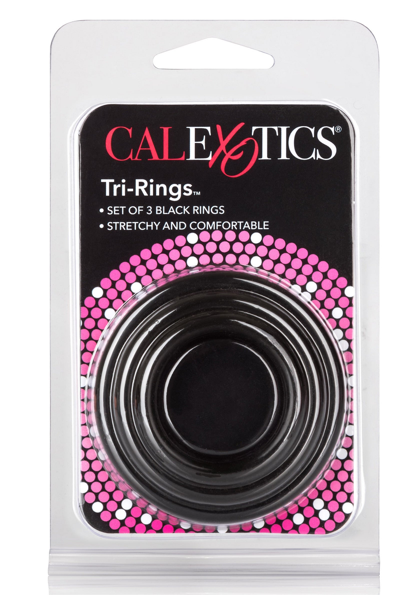 CalExotics Tri-Rings : ensemble de 3 anneaux noirs extensibles et confortables.; CalExotics Tri-Rings: set van 3 zwarte ringen, rekbaar en comfortabel.; CalExotics Tri-Rings: Set of 3 black rings, stretchy and comfortable.