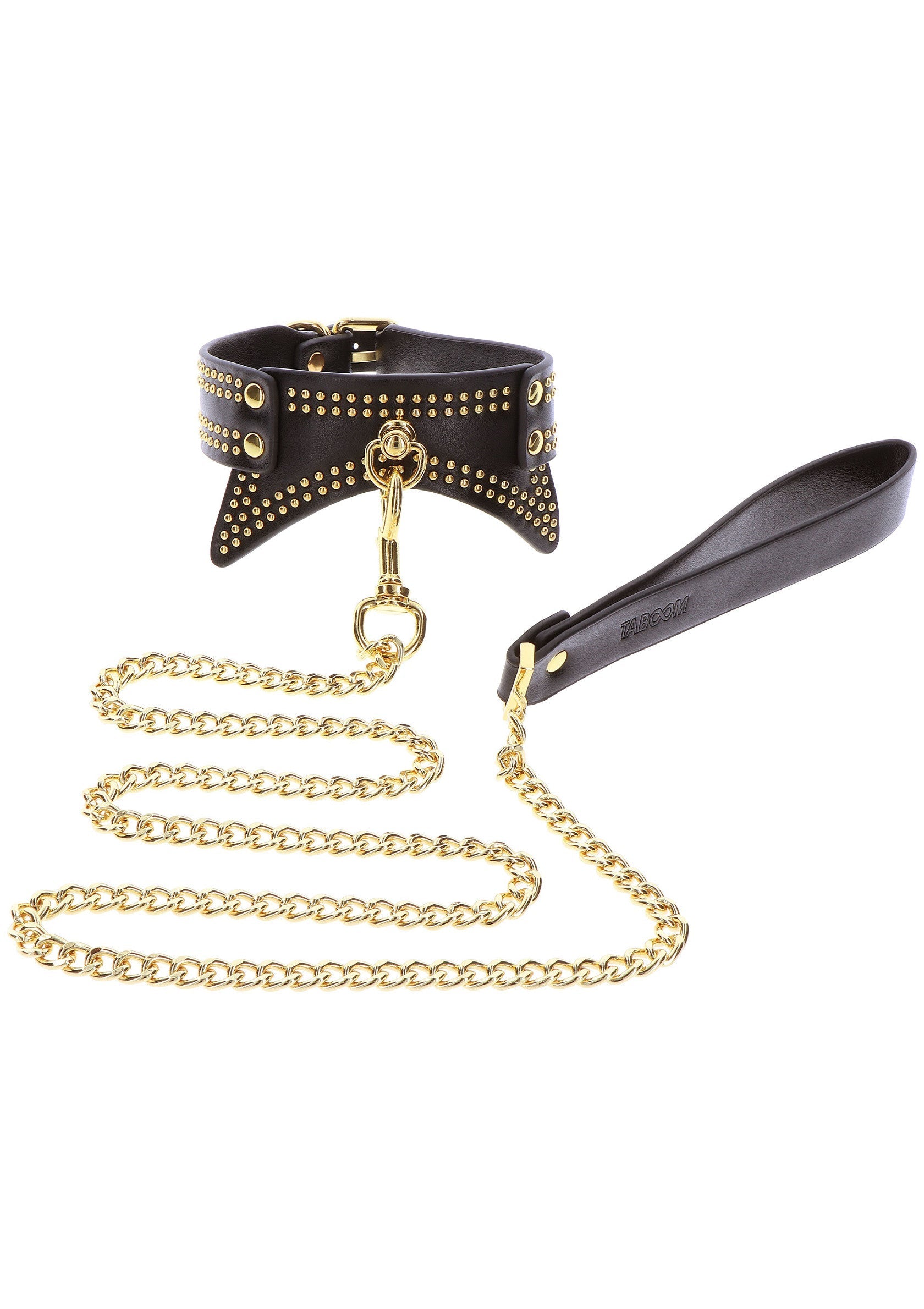 Collier en cuir noir clouté avec laisse dorée, pour un style audacieux et élégant.; Gespijkerde zwarte leren halsband met gouden riem, voor een gewaagde en elegante look.; Spiked black leather collar with gold leash, for a bold and elegant style.