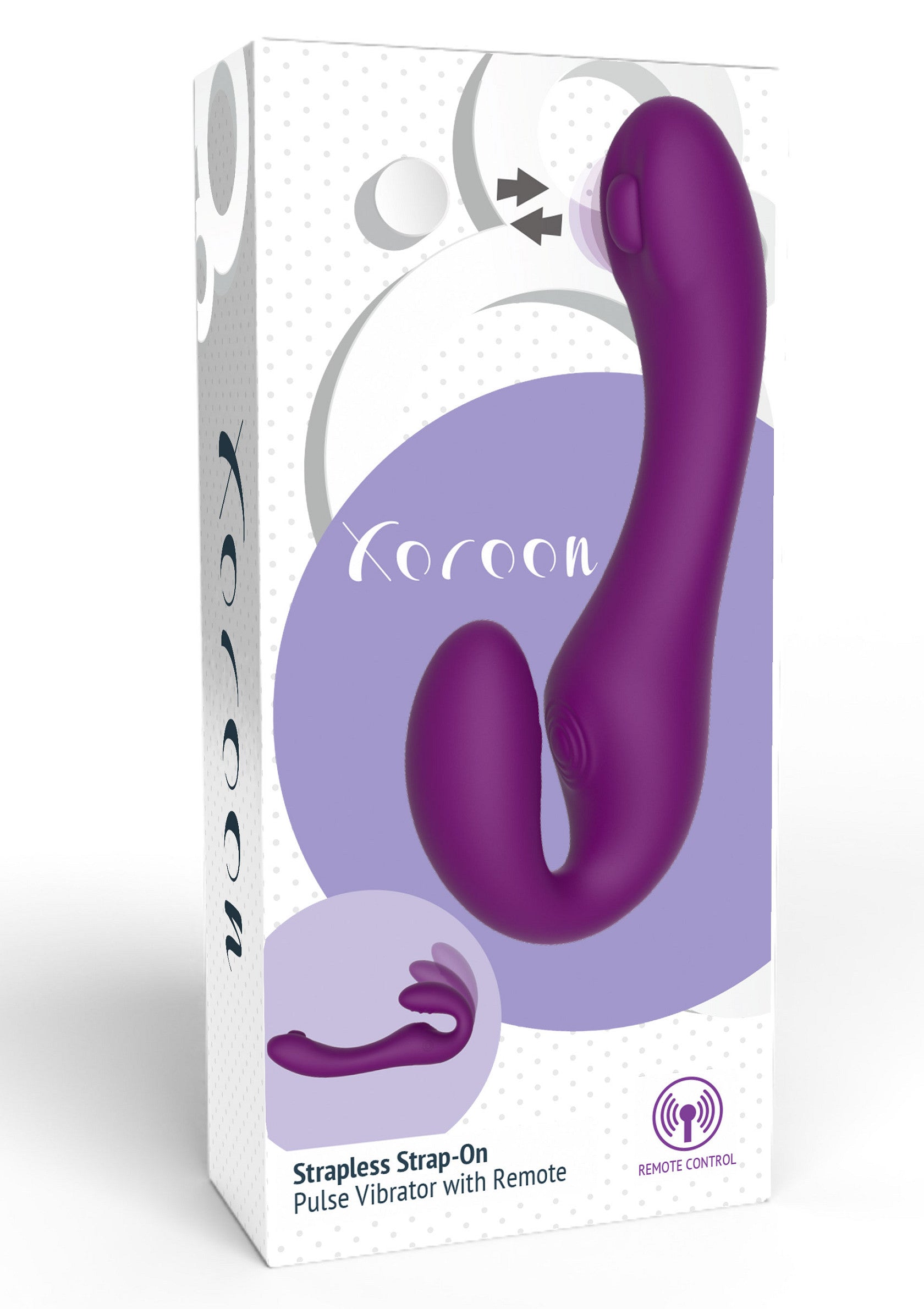 Vibromasseur sans bretelles Kooon violet avec télécommande. Découvrez le plaisir intense sans les tracas des sangles.; Paarse Kooon strapless strap-on vibrator met afstandsbediening. Ontdek intens plezier zonder gedoe met bandjes.; Purple Kooon strapless strap-on vibrator with remote. Discover intense pleasure without the hassle of straps.