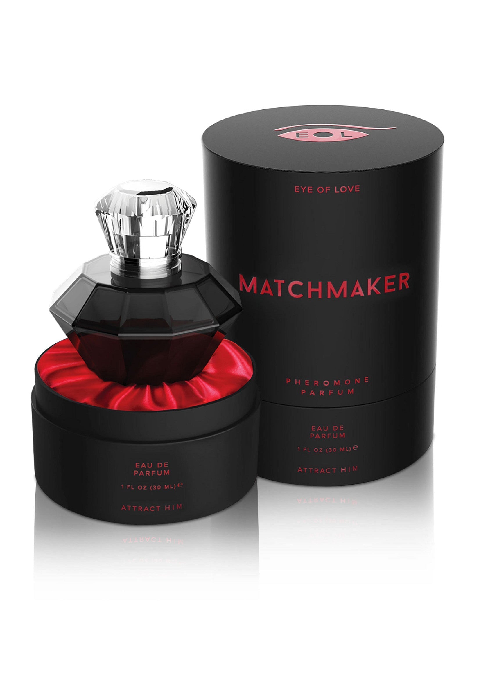 Parfum Eye of Love Matchmaker. Un parfum de phéromones séduisant dans un flacon et un emballage élégants noirs et rouges.; Eye of Love Matchmaker parfum. Een verleidelijke feromoongeur in een elegante zwart-rode flacon en verpakking.; Eye of Love Matchmaker perfume. A seductive pheromone fragrance in a sleek black and red bottle and packaging.