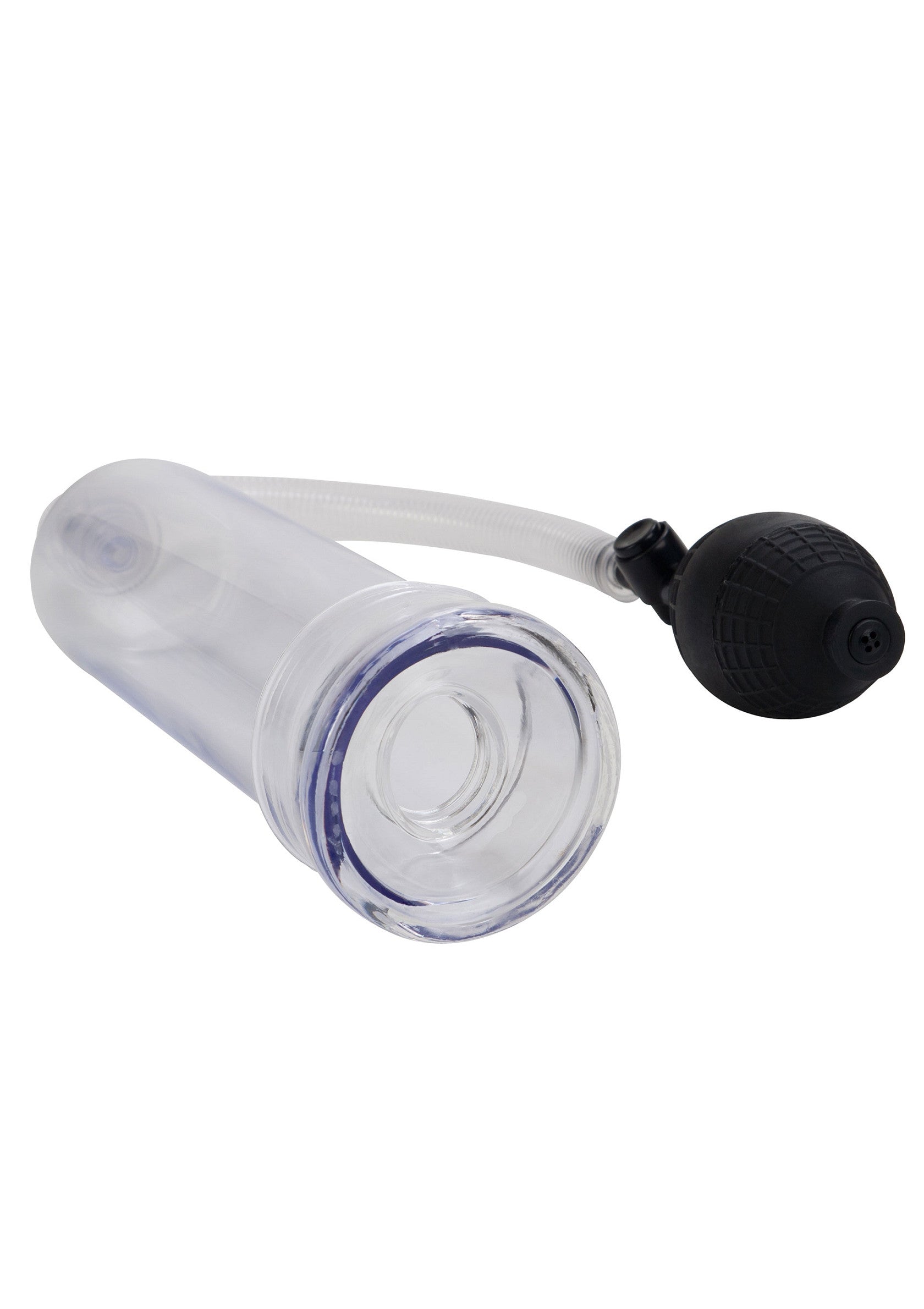 Pompe à pénis transparente avec poire de gonflage noire pour le plaisir masculin.; Transparante penis pomp met zwarte pompbal voor mannelijk plezier.; Clear penis pump with black inflation bulb for male enhancement.