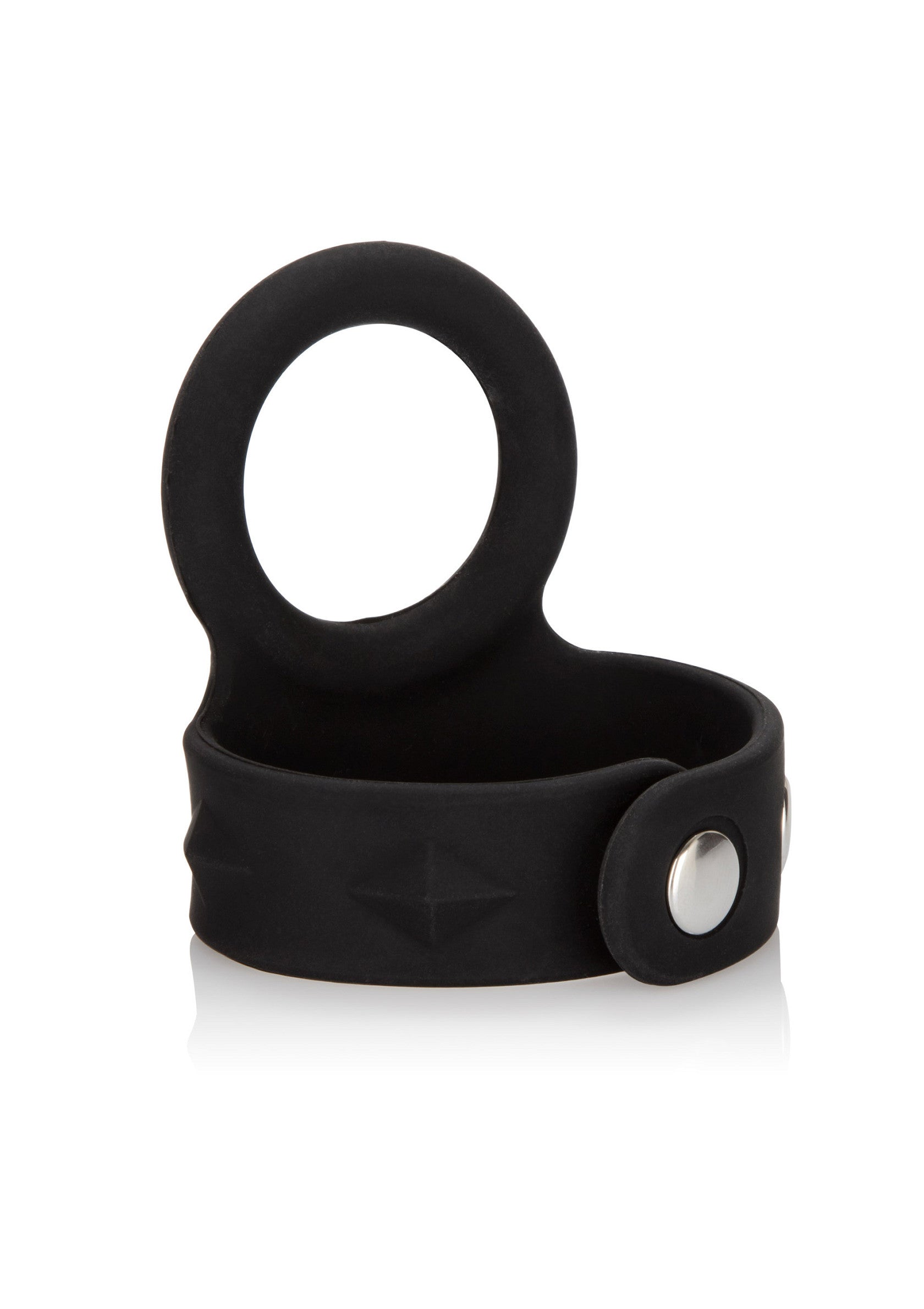 Anneau pénien noir réglable avec bouton pression pour un confort personnalisé.; Verstelbare zwarte penisring met drukknoop voor een persoonlijke pasvorm.; Adjustable black cock ring with snap closure for a custom fit.