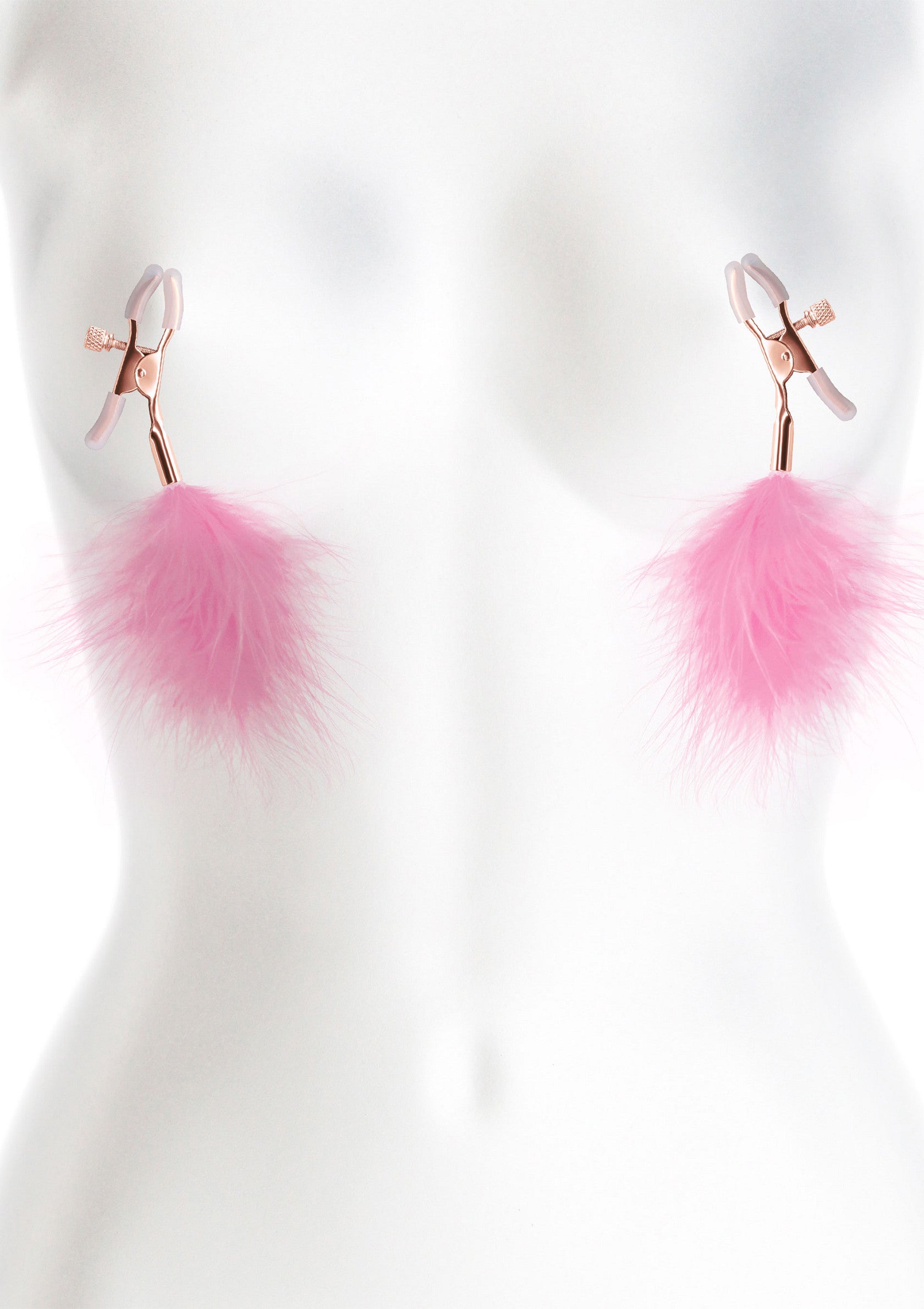 Pinces à tétons roses à plumes pour ajouter du piquant à votre vie amoureuse. Accessoires coquins et séduisants.; Roze tepelklemmen met veren voor een pittige touch aan je liefdesleven. Speelse en verleidelijke accessoires.; Pink nipple clamps with feathers to add spice to your love life. Playful and seductive accessories.