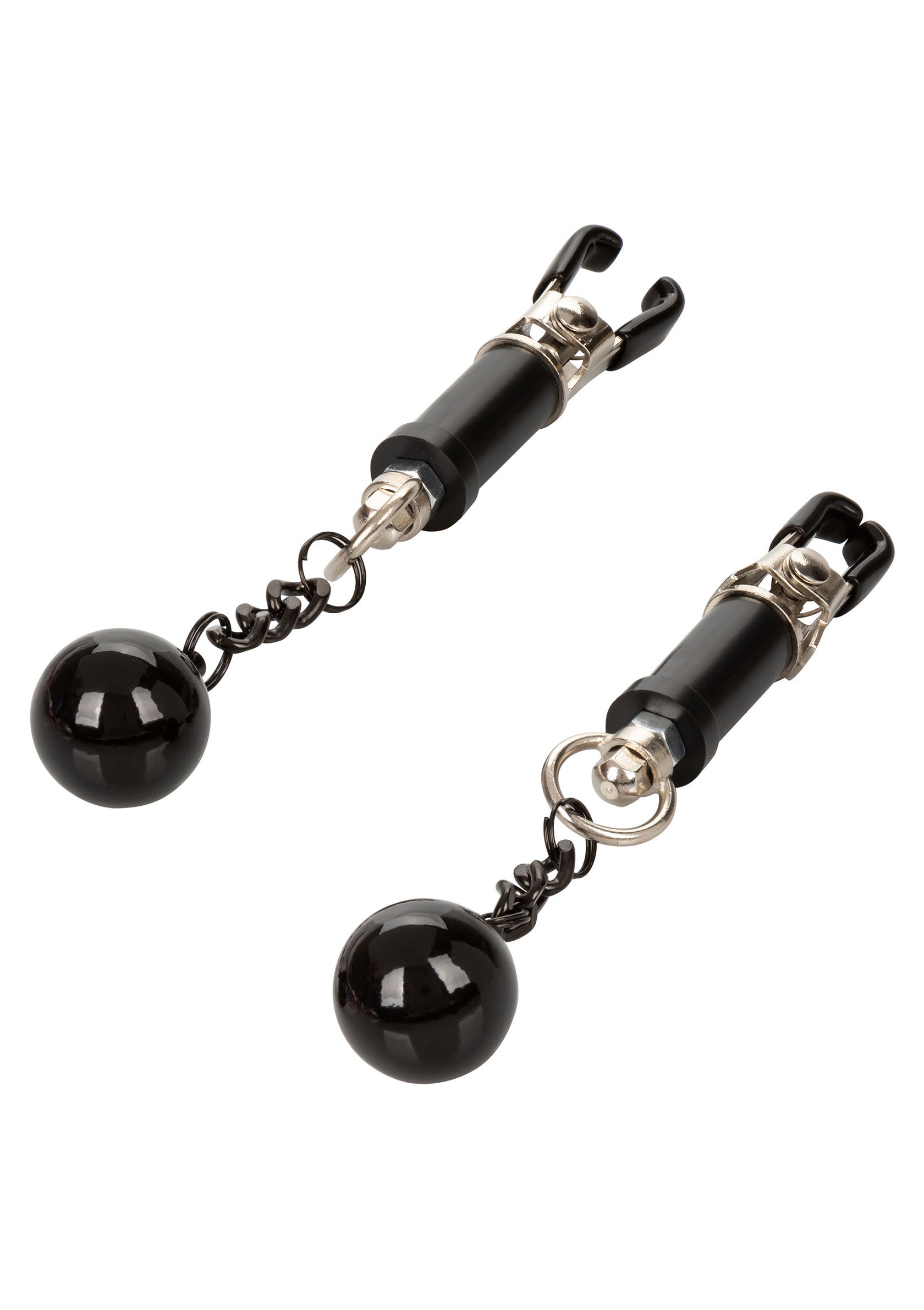 Pinces à tétons noires avec poids pour un jeu sensuel.; Zwarte tepelklemmen met gewicht voor sensueel spel.; Black nipple clamps with weights for sensual play.