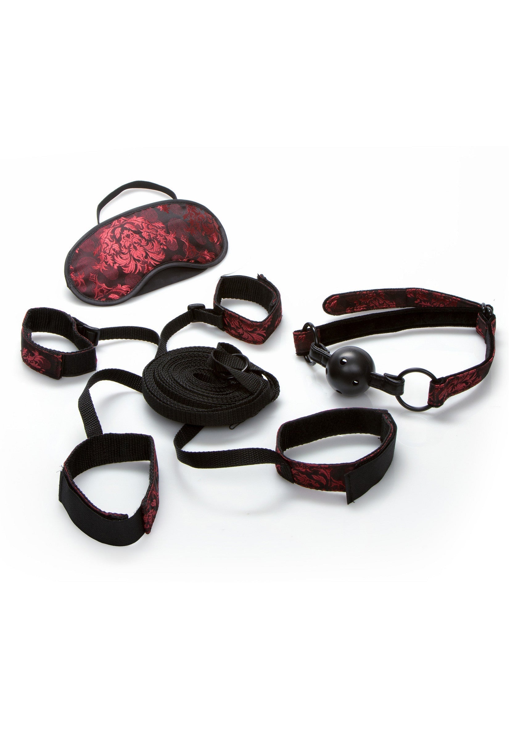 Ensemble de soumission avec bâillon à boule, masque pour les yeux et attaches; Onderwerpingsset met balgag, oogmasker en riemen; Submission set with ball gag, eye mask, and restraints