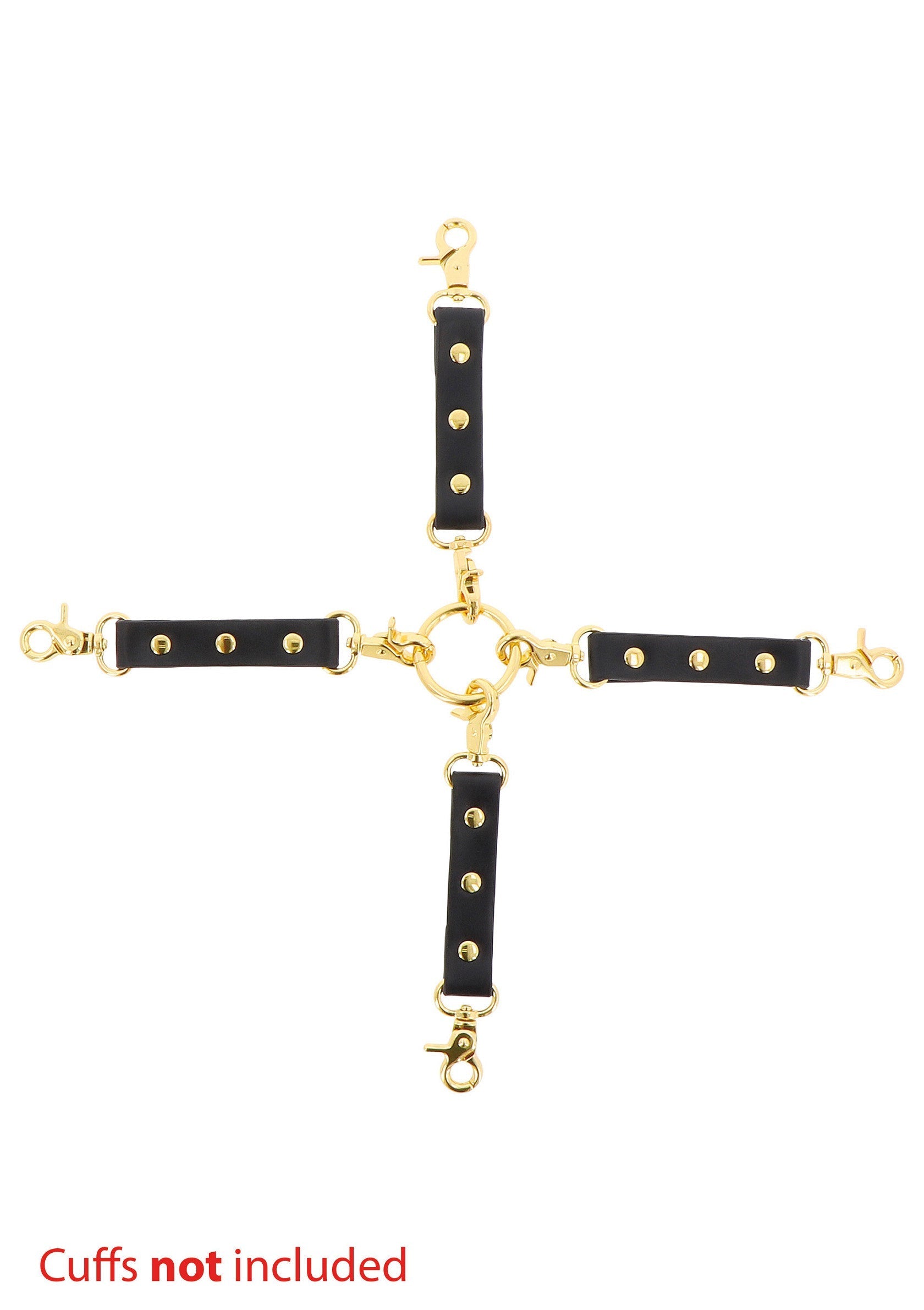 Séparateur de brassard à 4 voies noir et doré. Accessoire érotique de haute qualité.; Zwarte en gouden 4-weg cuff separator. Hoogwaardig erotisch accessoire.; Black and gold 4-way cuff separator. High-quality erotic accessory.