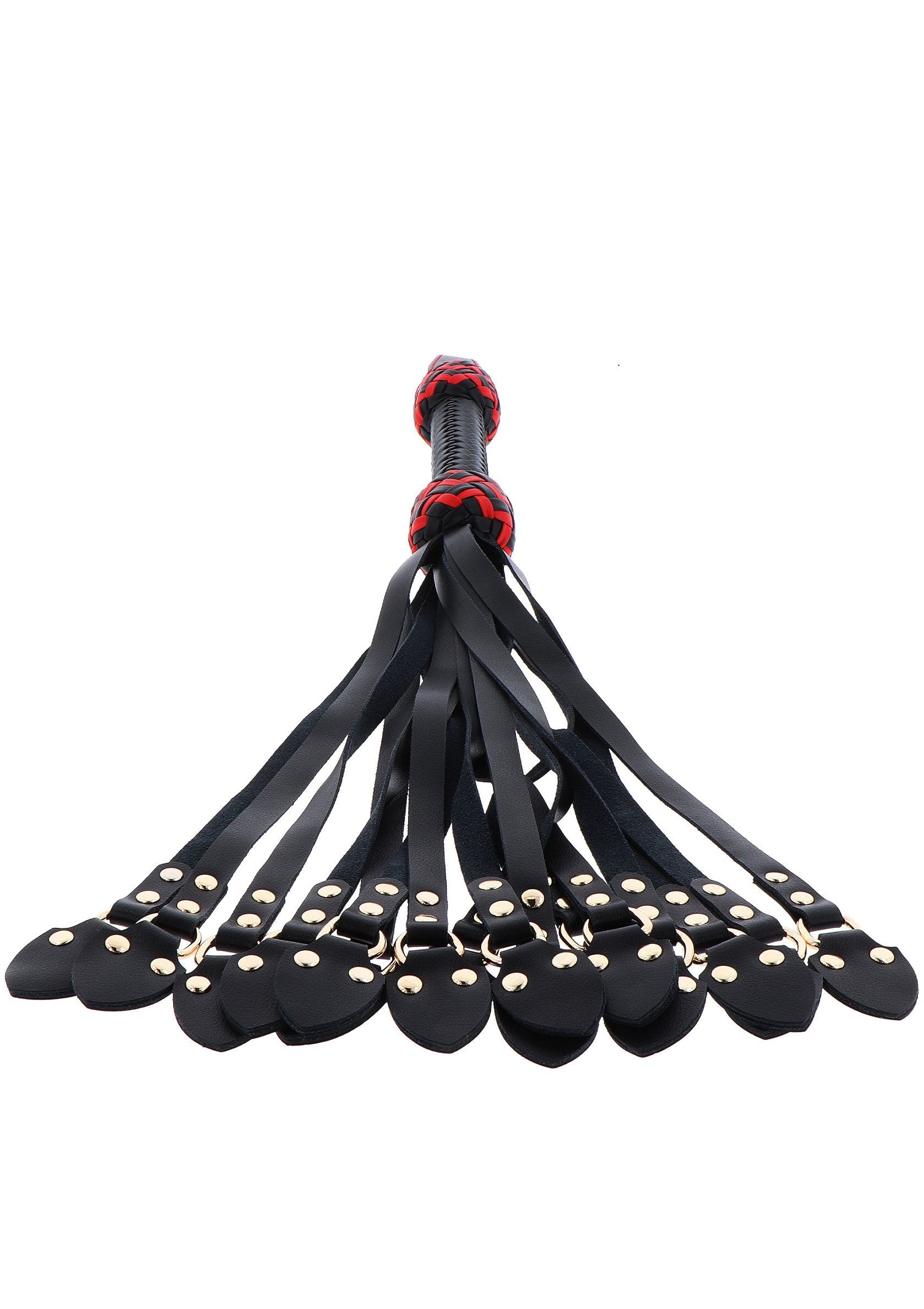 Cravache à lanières en cuir noir avec poignée tressée rouge et noire pour jeux coquins.; Zwarte leren flapper met rode en zwarte gevlochten handgreep voor ondeugende spelletjes.; Black leather flogger with red and black braided handle for kinky play.