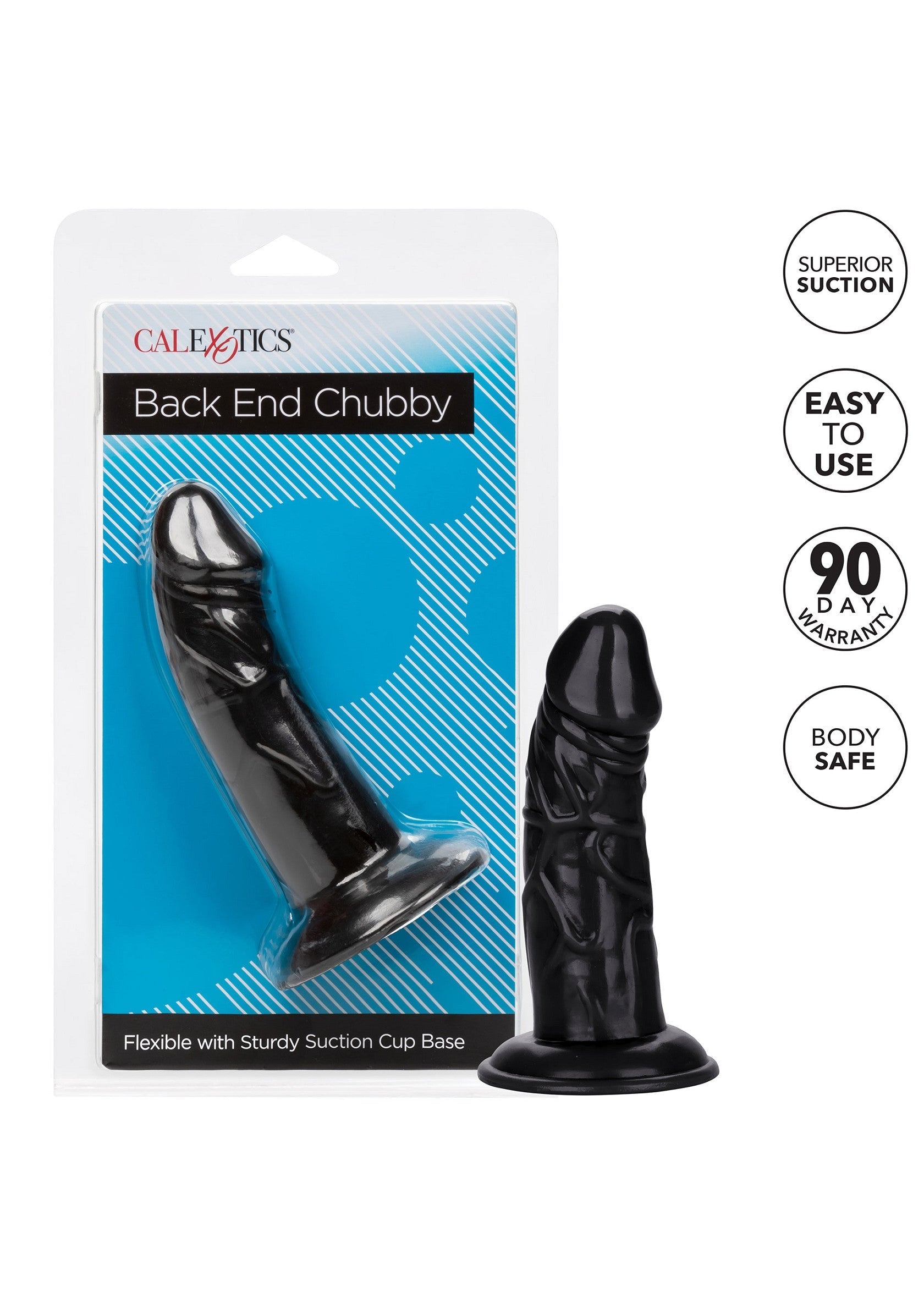 Back End Chubby gode noir avec ventouse. Flexible et facile à utiliser pour un plaisir intense.; Back End Chubby zwarte dildo met zuignap. Flexibel en makkelijk te gebruiken voor intens plezier.; Back End Chubby black dildo with suction cup. Flexible and easy to use for intense pleasure.