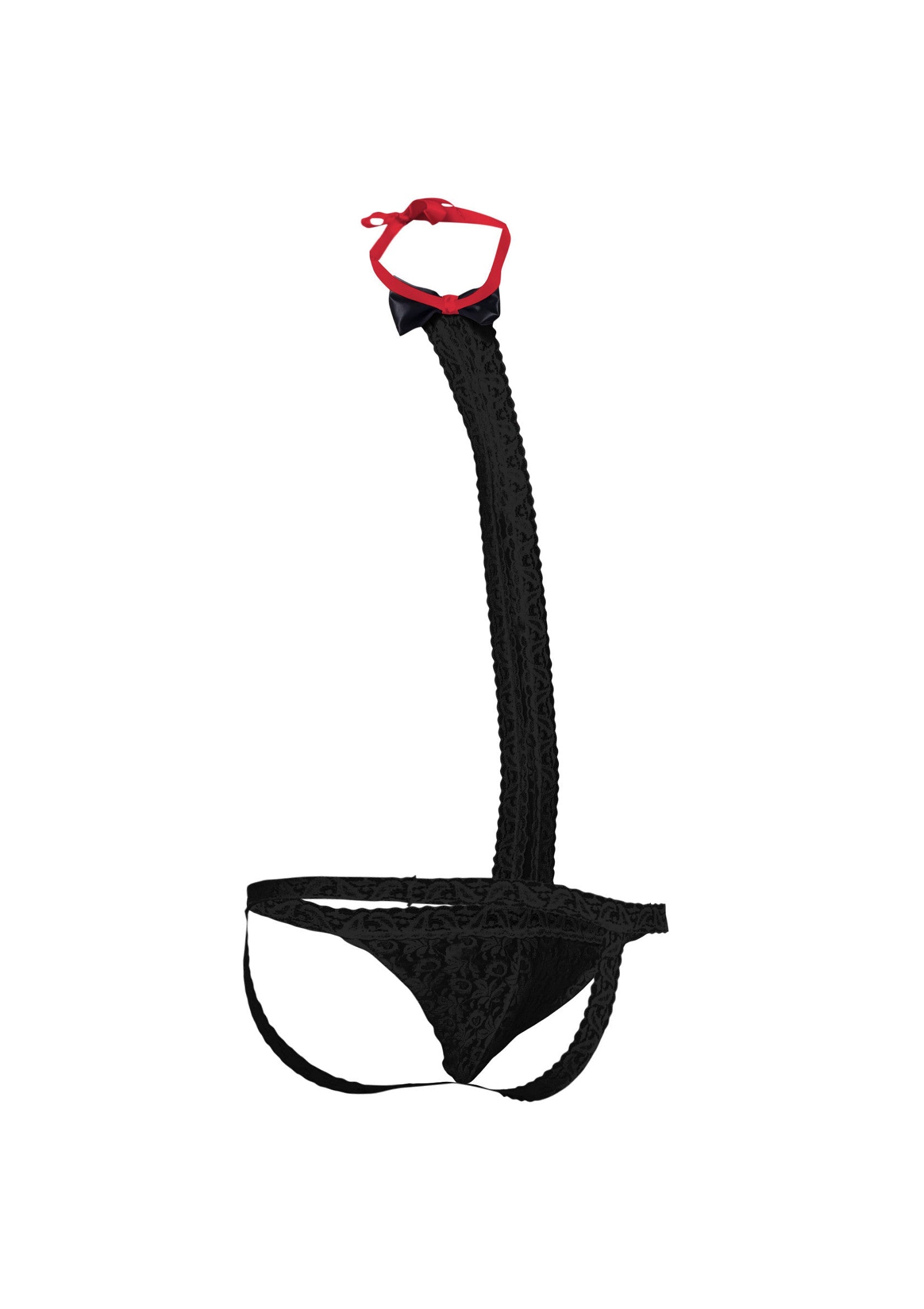 String ficelle ajouré noir avec noeud rouge; Zwarte string met open structuur en rode strik; Black openwork string thong with red bow
