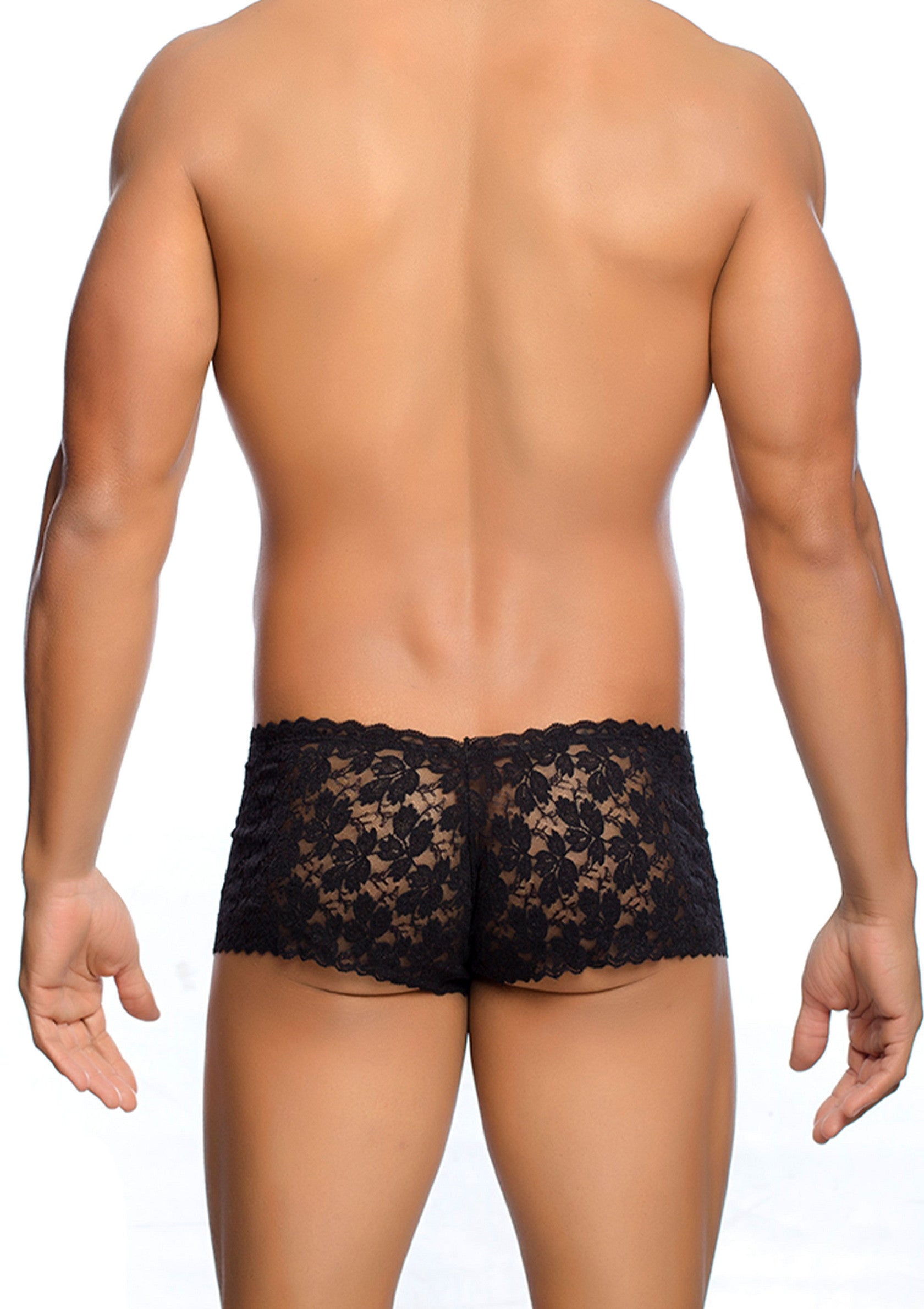 Boxer en dentelle noire pour homme, séduisant et confortable.; Zwarte heren kanten boxershort, verleidelijk en comfortabel.; Men's black lace boxer briefs, seductive and comfortable.