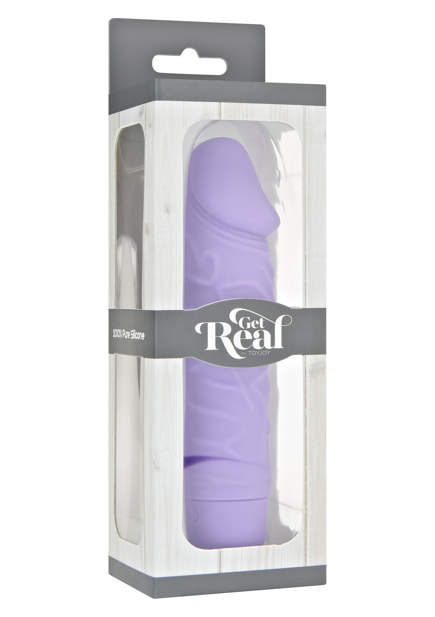 Gode texturé violet 'Get Real Touch' dans sa boîte. Plaisir assuré !; Paarse 'Get Real Touch' dildo met textuur in doos. Gegarandeerd plezier!; Purple textured 'Get Real Touch' dildo in box. Guaranteed pleasure!