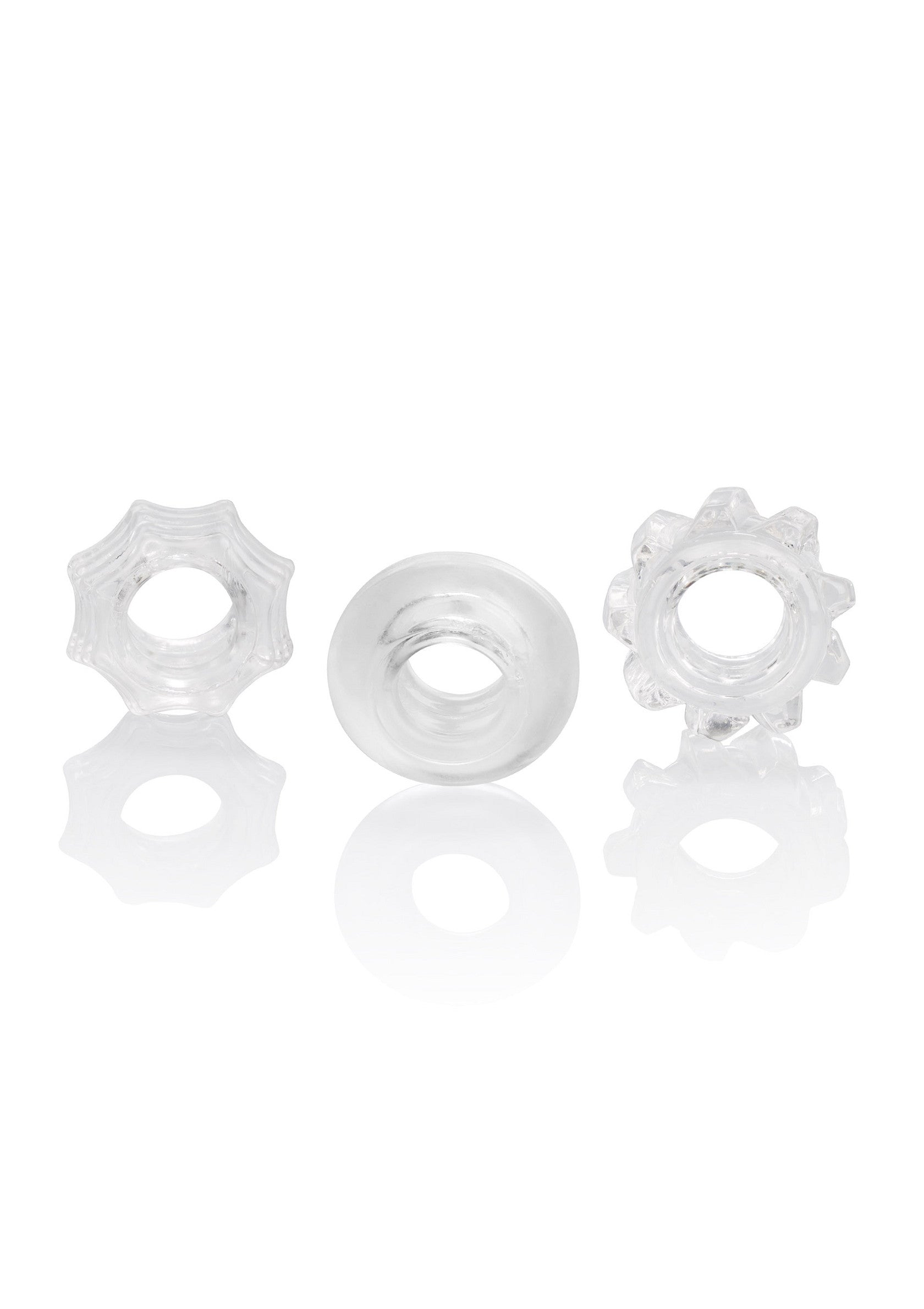 Ensemble d'anneaux péniens transparents pour le plaisir et le confort.; Set transparante penisringen voor plezier en comfort.; Set of clear cock rings for pleasure and comfort.