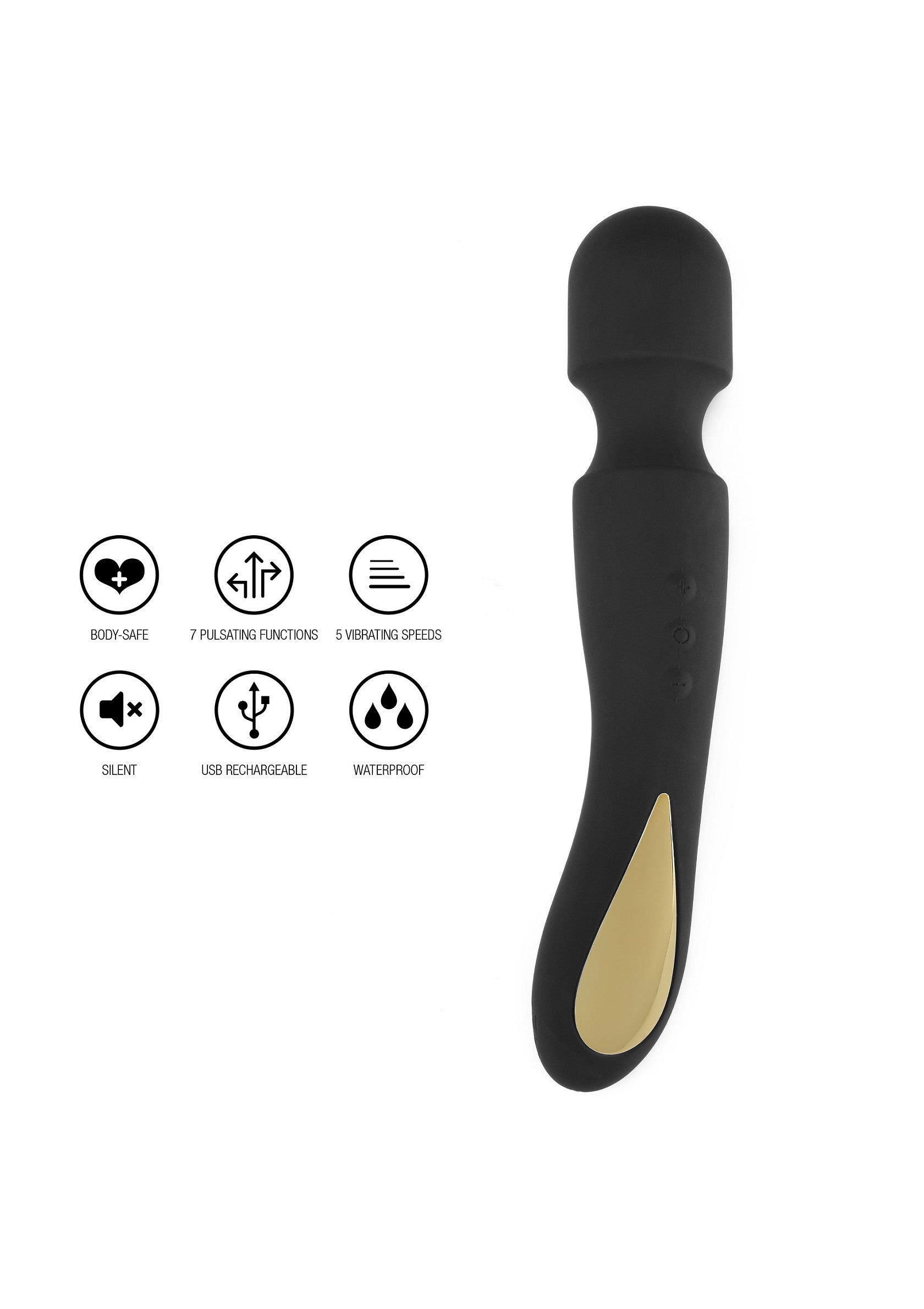 Masseur personnel noir et or, étanche, rechargeable par USB, silencieux et doté de 7 modes de vibration.; Zwart en goud persoonlijke stimulator, waterdicht, USB oplaadbaar, stil en met 7 vibratiemodi.; Black and gold personal massager, waterproof, USB rechargeable, silent and with 7 vibration modes.