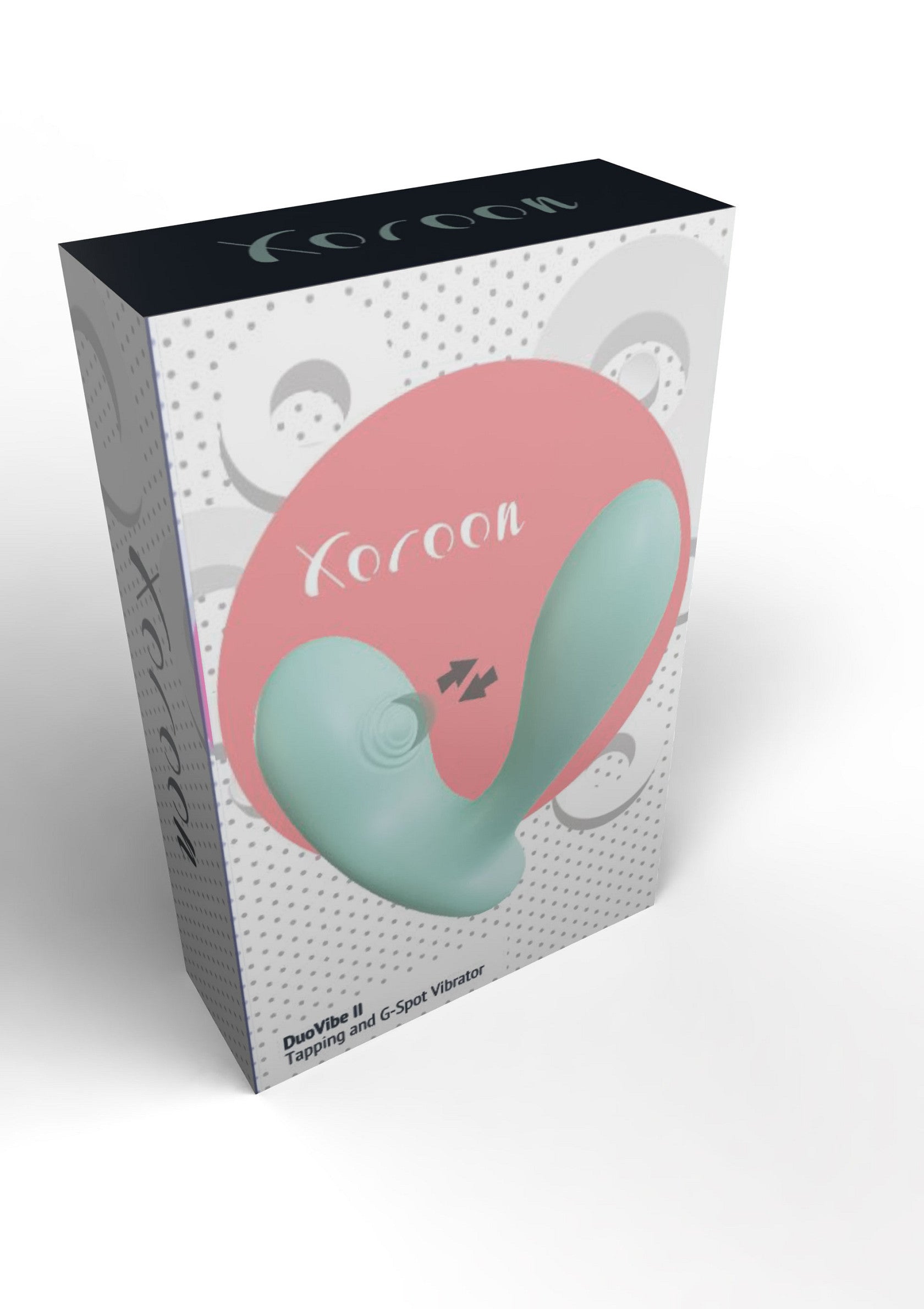 Boîte du vibrateur DuoVibe II Tapping et G-Spot Xoroon. Vibrateur stimulant pour le plaisir féminin.; Doos van de Xoroon DuoVibe II Tapping en G-Spot vibrator. Stimulerende vibrator voor vrouwelijk genot.; Box of the Xoroon DuoVibe II Tapping and G-Spot vibrator. Stimulating vibrator for female pleasure.