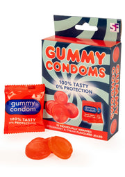 Bonbons gélifiés en forme de préservatifs. 100% savoureux, 0% protection. Cadeau gag idéal pour les adultes.; Gummibeertjes in condoomvorm. 100% lekker, 0% bescherming. Ideaal als cadeau voor volwassenen.; Gummy sweets in condom shape. 100% tasty, 0% protection. Ideal gag gift for adults.