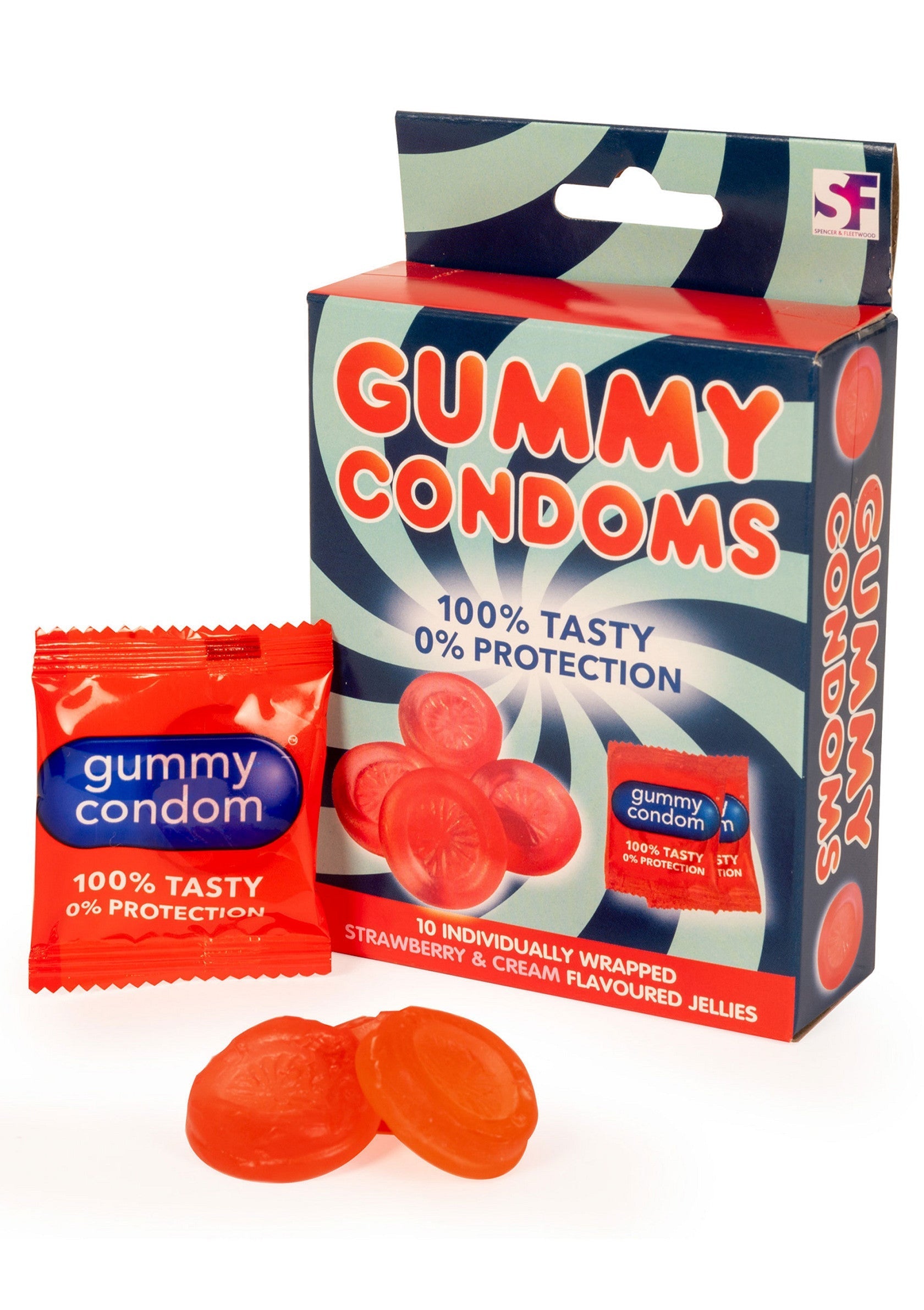 Bonbons gélifiés en forme de préservatifs. 100% savoureux, 0% protection. Cadeau gag idéal pour les adultes.; Gummibeertjes in condoomvorm. 100% lekker, 0% bescherming. Ideaal als cadeau voor volwassenen.; Gummy sweets in condom shape. 100% tasty, 0% protection. Ideal gag gift for adults.