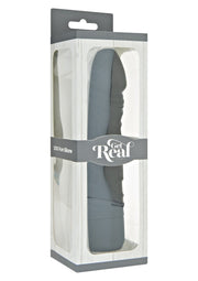 Vibromasseur gris en silicone de la marque Get Real, présenté dans son emballage transparent.; Grijze siliconen vibrator van het merk Get Real, gepresenteerd in een transparante verpakking.; Gray silicone vibrator by Get Real, presented in its transparent packaging.