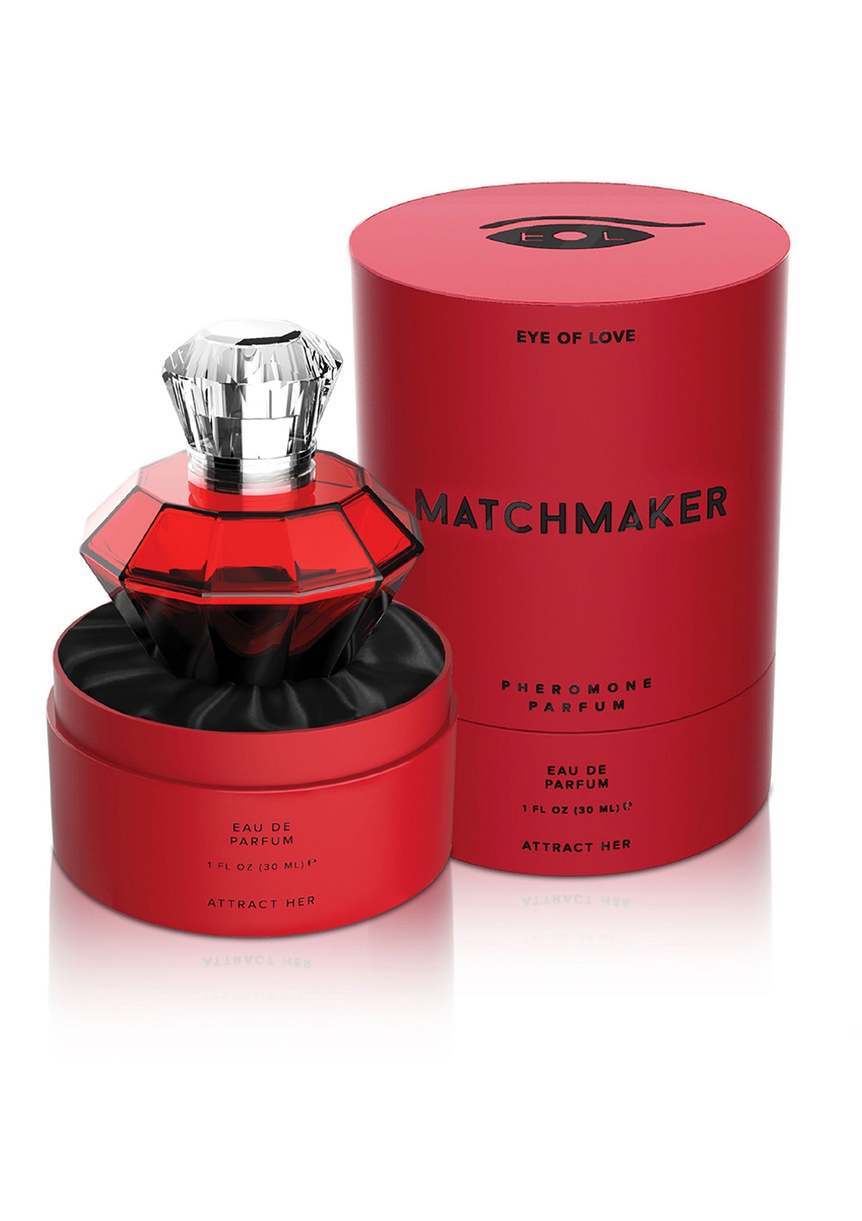 Parfum phéromones Eye of Love Matchmaker pour femme. Boîte rouge élégante et flacon rouge à facettes.; Eye of Love Matchmaker feromoonparfum voor dames. Elegante rode doos en gefacetteerde rode fles.; Eye of Love Matchmaker pheromone perfume for women. Elegant red box and faceted red bottle.