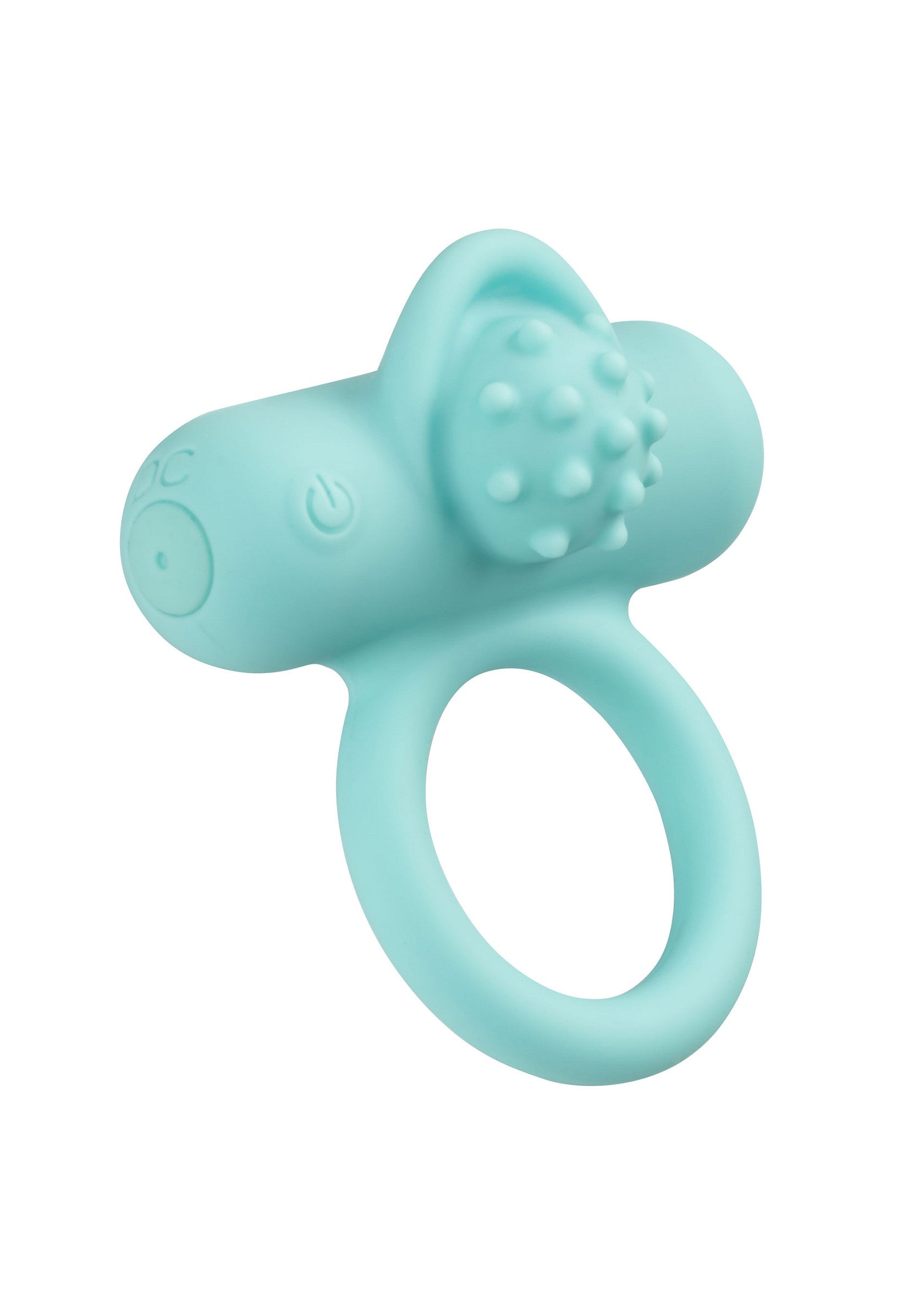 Anneau vibrant texturé turquoise pour une stimulation intense et un plaisir partagé.; Turkooiskleurige vibrerende penisring met textuur voor intense stimulatie en gedeeld genot.; Teal textured vibrating cock ring for intense stimulation and shared pleasure.